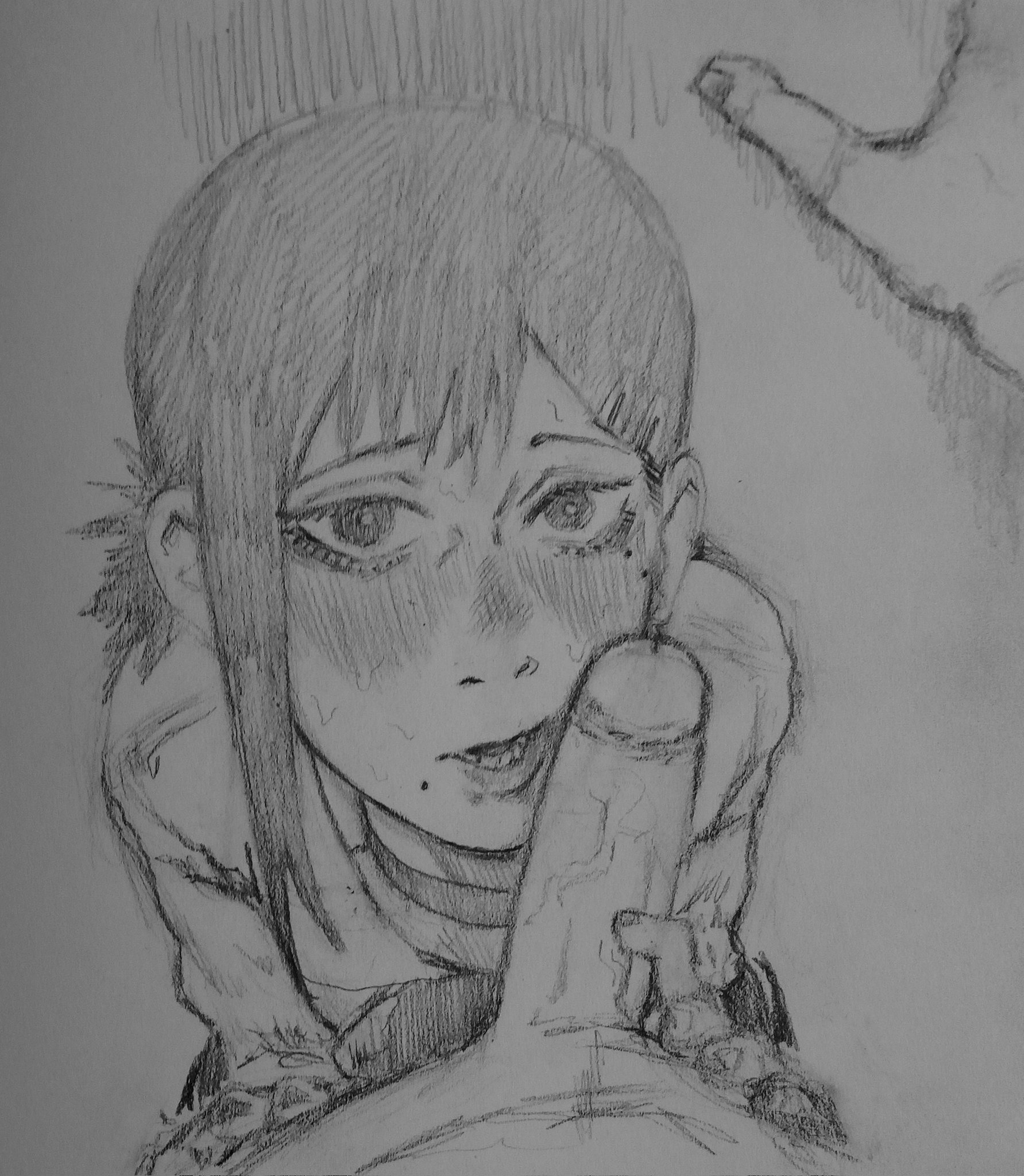 1boy, 1girls, blush, chainsaw man, denji (chainsaw man), female, finger on lip, gritty hotdog (artist), hairclip, hand on penis, higashiyama kobeni, imminent oral, looking at viewer, male, mole, mole under eye, mole under mouth, penis, sloppy blowjob devil, sweat, traditional media (artwork)
