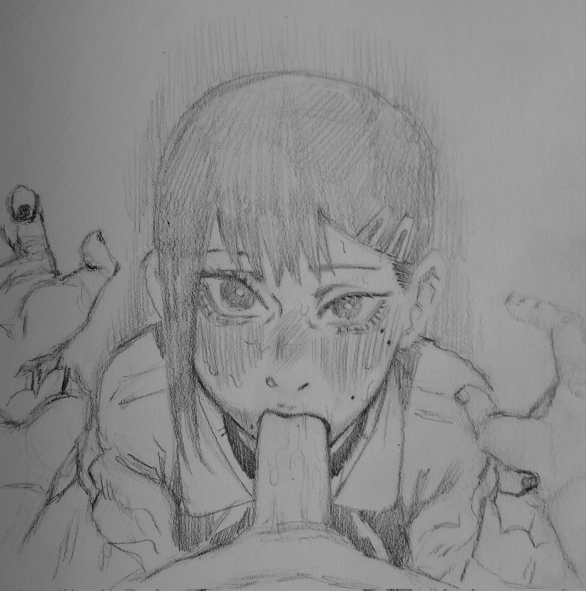 1boy, 1girls, blush, chainsaw man, denji (chainsaw man), fellatio, female, finger on lip, gritty hotdog (artist), hairclip, hand on wrist, higashiyama kobeni, holding hand, looking at viewer, male, mole, mole under eye, mole under mouth, sloppy blowjob devil, sweat, traditional media (artwork)