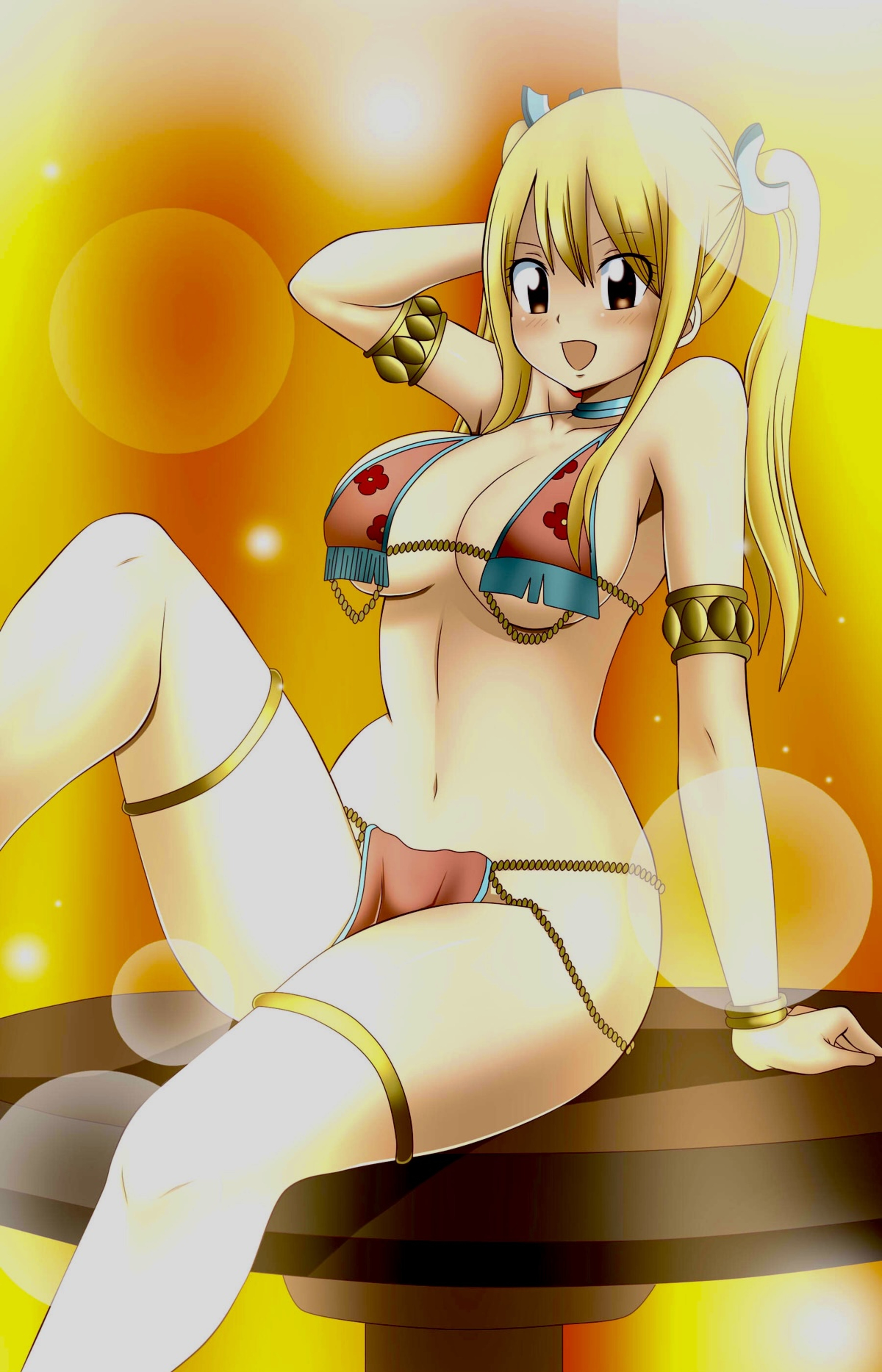 1girls, alternate hairstyle, arm behind head, arm support, belly dancer, big breasts, blonde hair, blonde-haired female, blush, breasts, brown eyes, busty, cleavage, dmayaichi, fairy tail, female, female only, highres, large breasts, legs, linea alba, long hair, looking at viewer, lucy heartfilia, lucy heartfilia (belly dancer), navel, pose, posing, sitting, smile, solo, thighs, twintails
