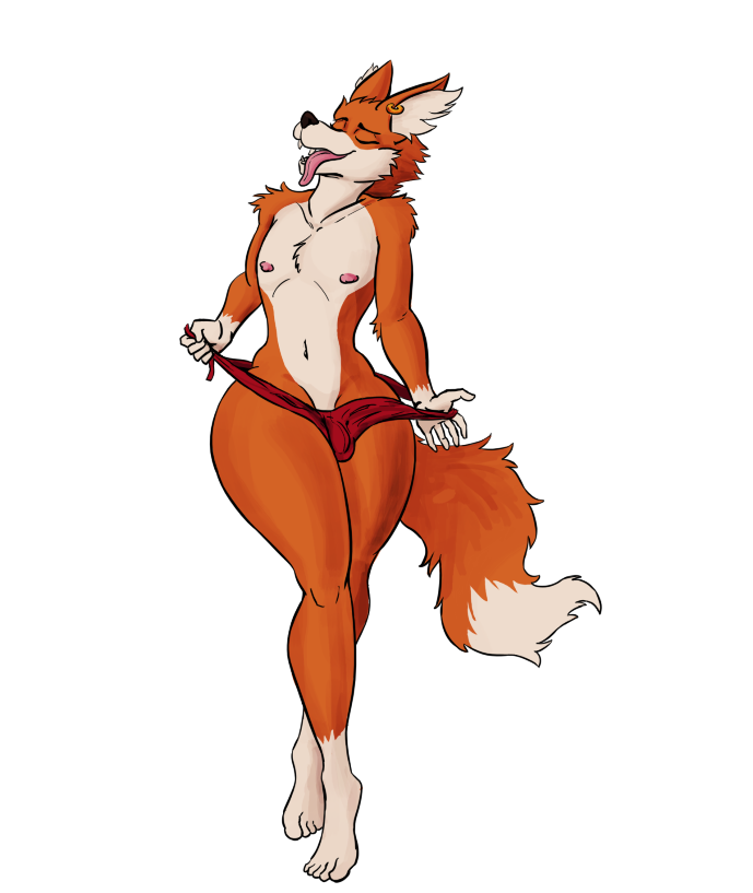 2022 anthro bulge canid canine closed_eyes detailed_bulge ear_piercing ear_ring fluffy fluffy_tail fox licker69666 male mammal navel nipples piercing removing_underwear ring_piercing solo tail tongue tongue_out wide_hips