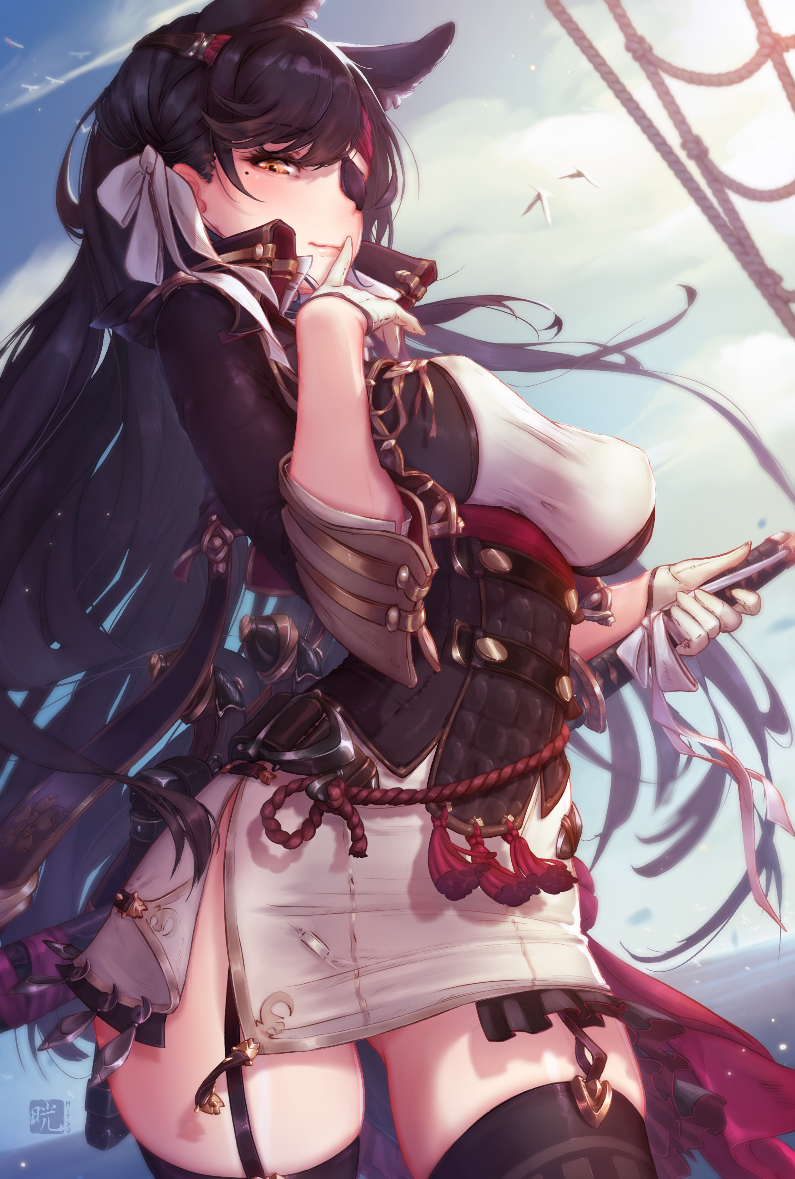1girls, 2020, absurd res, alternate costume, animal ears, artist logo, atago (azur lane), azur lane, bangs, bird, black hair, black thighhighs, blue sky, bow, breasts, cloud, covered erect nipples, dress, eyepatch, female, finger to mouth, garter straps, gloves, hair ribbon, large breasts, long hair, looking at viewer, miniskirt, mitsu art, mole, mole under eye, ocean, ribbon, skirt, sky, swept bangs, thick thighs, thighhighs, thighs, water, white bow, white dress, white gloves, white ribbon, yellow eyes