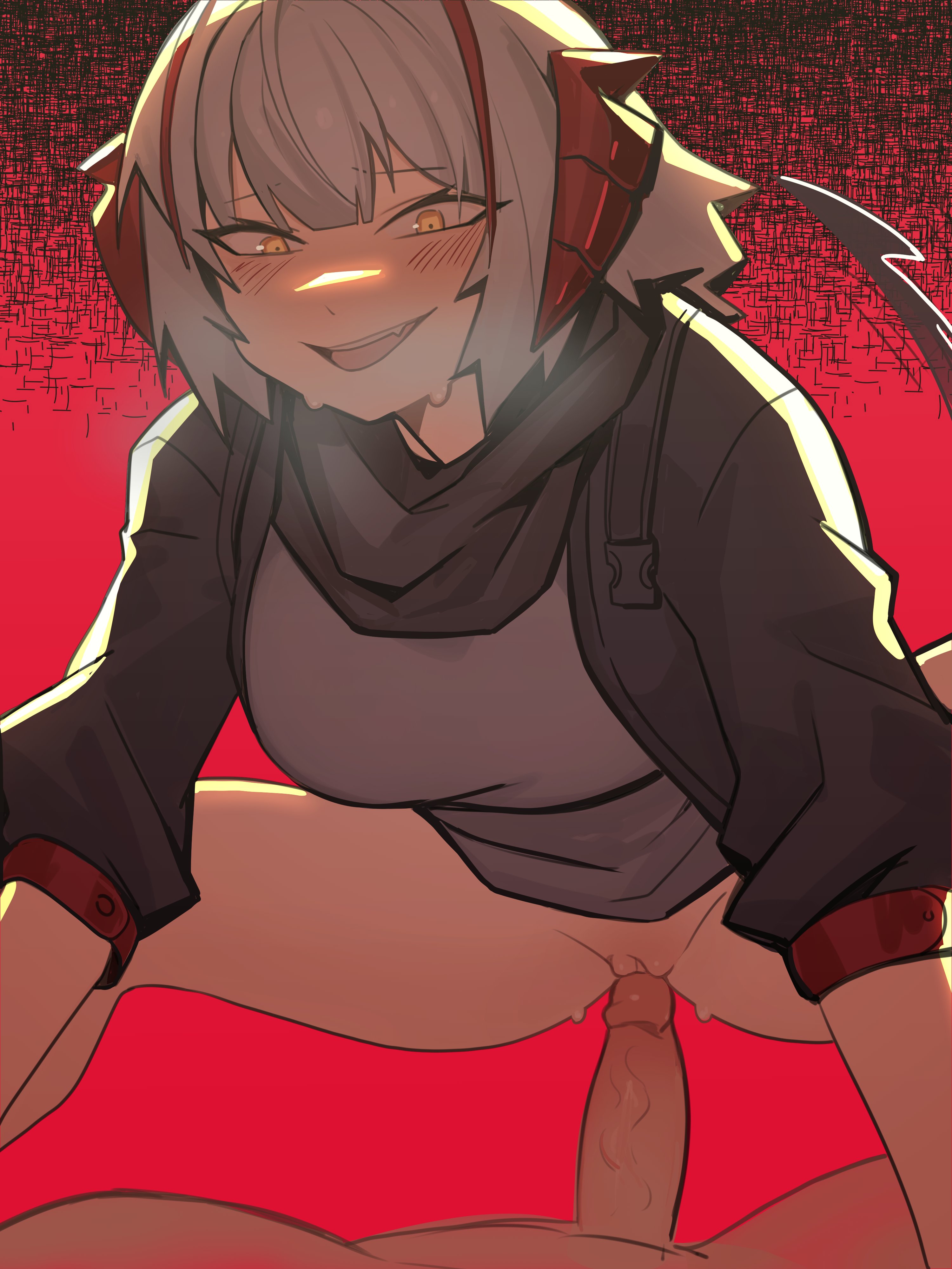 1boy, 1girls, arknights, big breasts, blush, bottomless, breasts, female, female on top, horns, imminent sex, looking at viewer, looking down, male, ninra, no panties, open mouth, partially clothed, penis, pussy, red hair, short hair, smile, sweat, w (arknights), white hair, yellow eyes