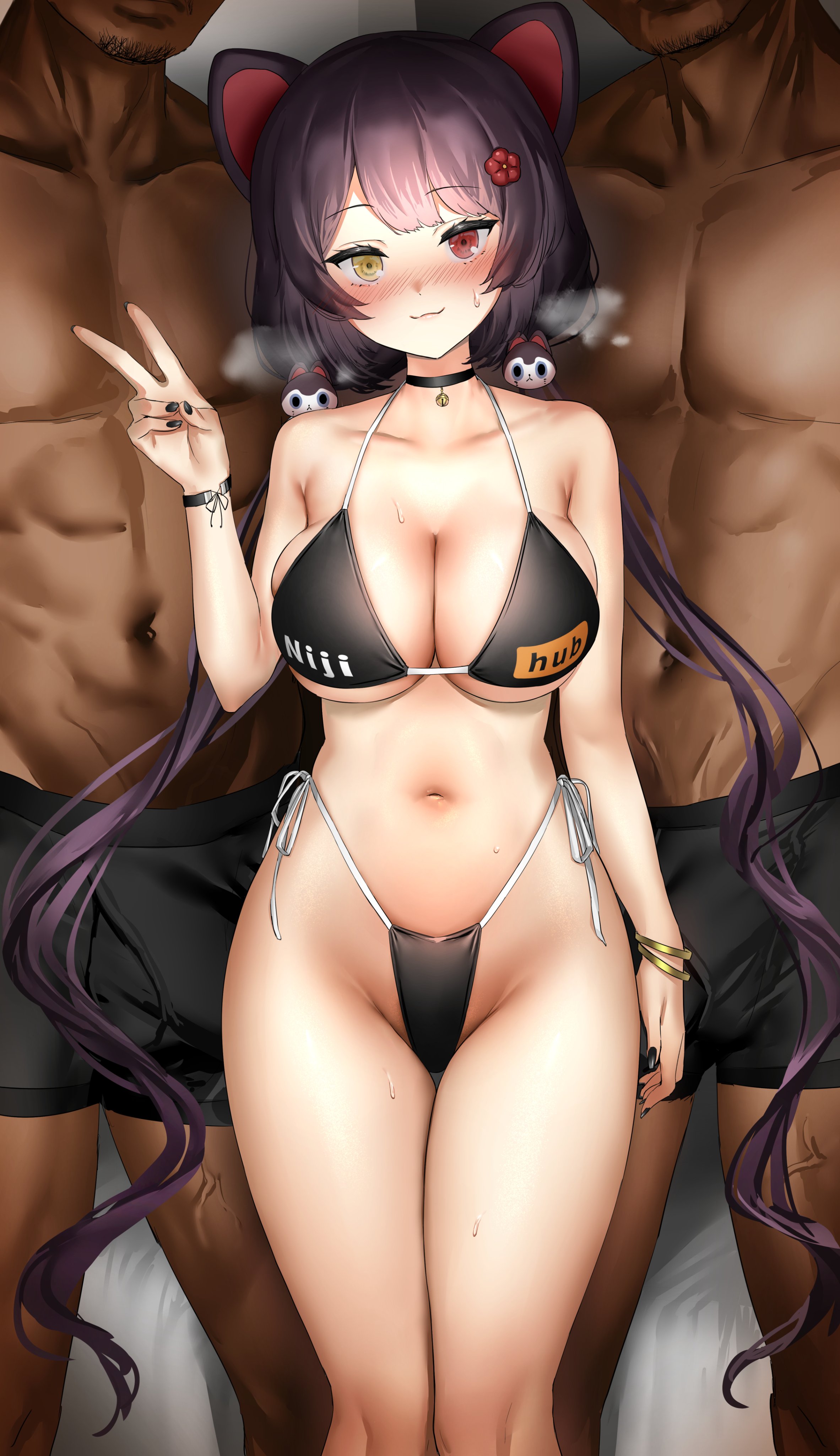1girls, 2boys, absurdres, big breasts, bikini, black bikini, breasts, busty, child bearing hips, cleavage, dark skin, dark-skinned male, female, female focus, height difference, heterochromia, highres, inui toko, large breasts, long hair, low twintails, male, multiple boys, multiple males, muscular, muscular male, navel, nijihub, nijisanji, pornhub bra, purple hair, red eyes, sanuki (kyoudashya), smile, sweat, swimsuit, thick thighs, thighs, thong bikini, twintails, v, virtual youtuber, voluptuous, wide hips, yellow eyes