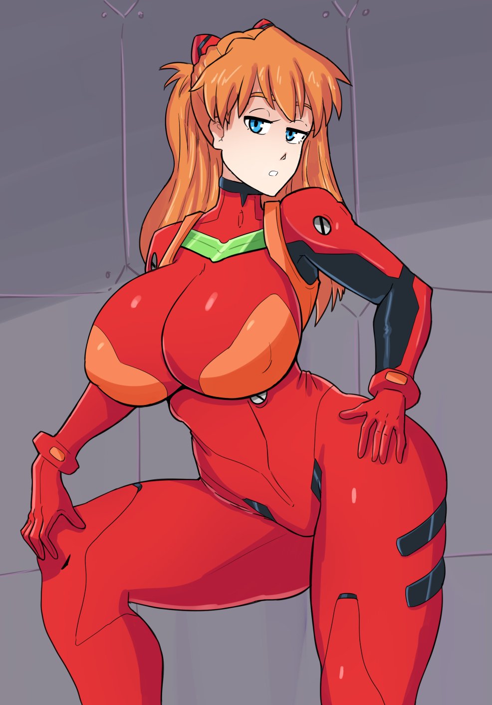 1girls, alternate breast size, asuka langley sohryu, blue eyes, bodysuit, breasts, female, female only, huge breasts, light skin, light-skinned female, long hair, looking at viewer, neon genesis evangelion, orange hair, plugsuit, red bodysuit, solo