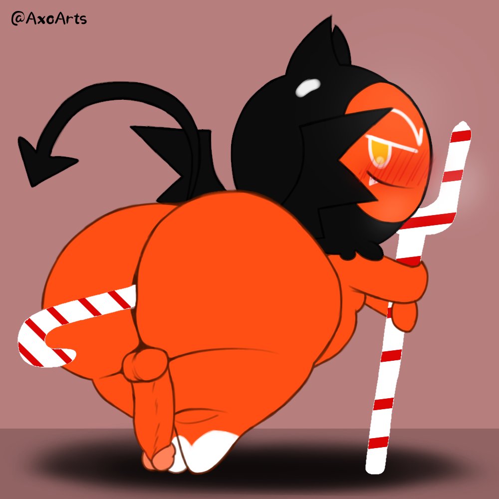 1boy anal anal_masturbation anal_penetration anal_sex anthro anthro_only ass axoarts balls bent_over big_butt blush blush_lines candy candy_cane cookie cookie_run demon dessert devil_cookie digital_media_(artwork) food food_creature food_fetish food_in_ass food_insertion food_play genitals hi_res holding_object holding_weapon hood horn improvised_sex_toy looking_at_viewer looking_back male male_only markings masturbation on_ground orange_body penetration penis pitchfork presenting presenting_hindquarters rear_view red_body sharp_teeth socks_(marking) solo spade_tail teapot_(body_type) teeth thick_thighs tools weapon wings yellow_eyes