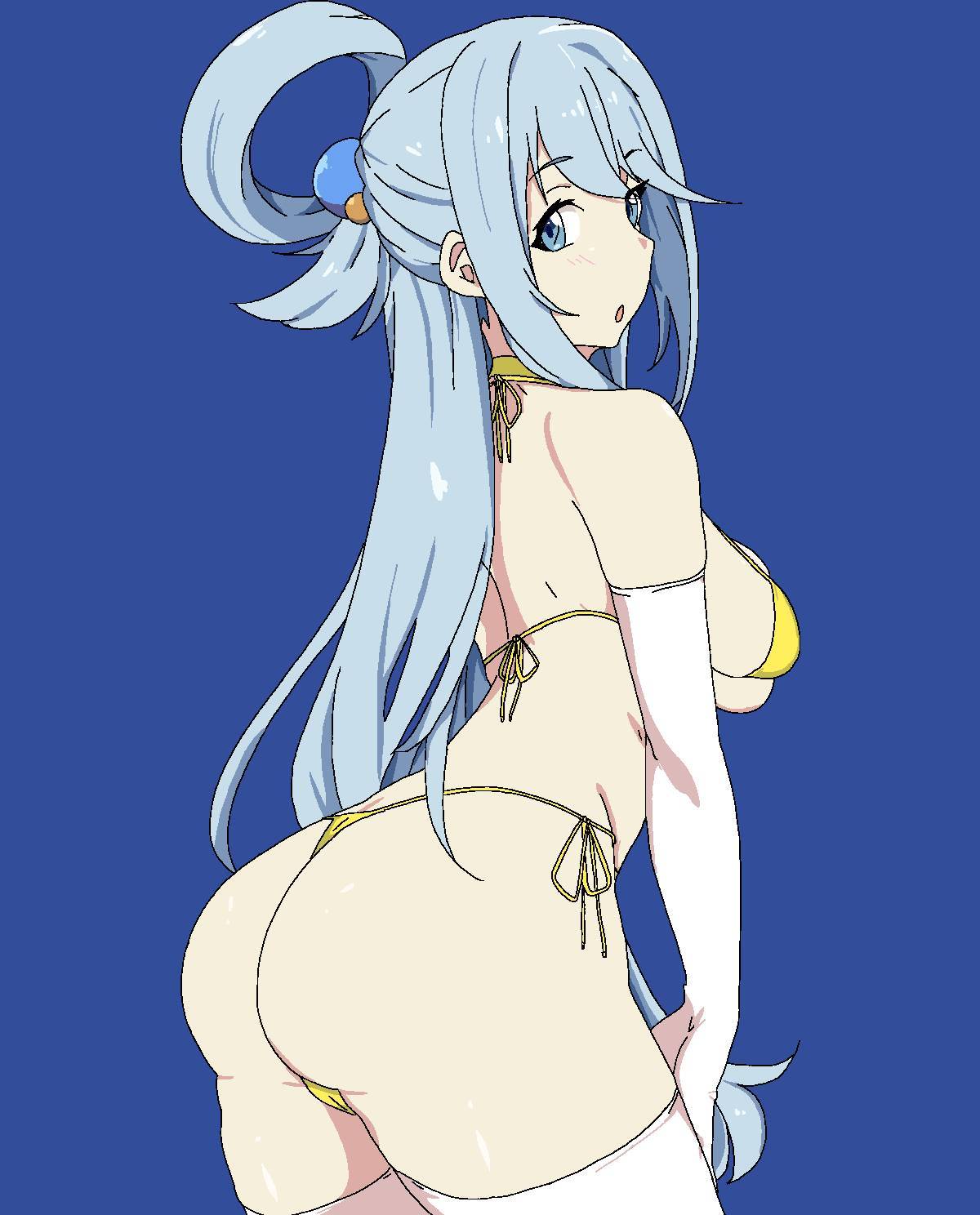1girls, aqua (konosuba), ass, bent over, big ass, big breasts, bikini, blue eyes, blue hair, breasts, bubble ass, bubble butt, busty, female, female only, highres, kono subarashii sekai ni shukufuku wo!, large breasts, legs, long hair, looking at viewer, looking back, open mouth, sideboob, solo, swimsuit, thick thighs, thighs, thong, voluptuous, yellow bikini