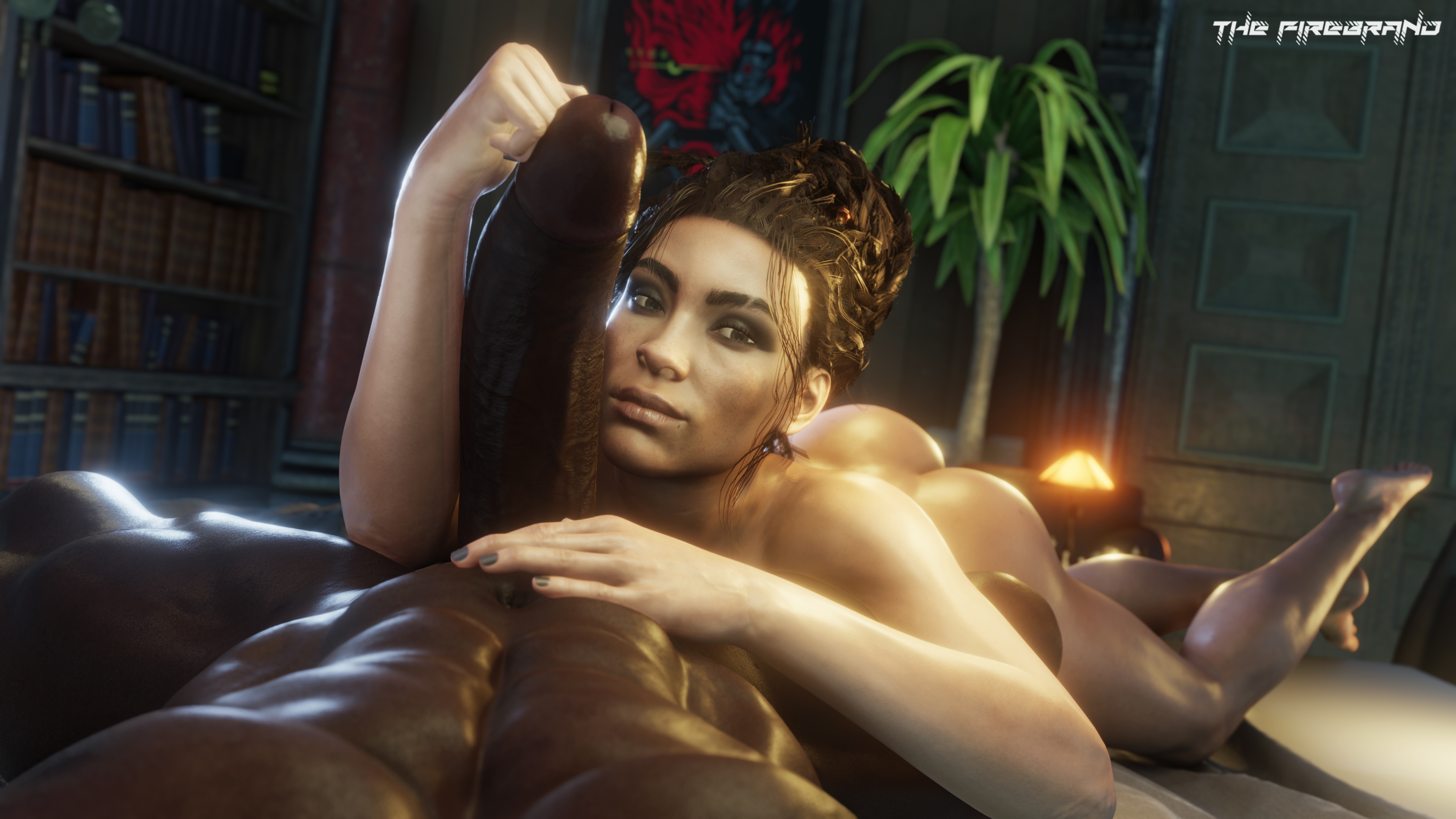 1boy, 1girls, 3d, ass, big penis, brown skin, brown-skinned female, cd projekt red, cock worship, cyberpunk 2077, dark skin, dark-skinned male, female, female focus, female protagonist, forearm cock, huge cock, interracial, male, muscular, muscular male, nude, nude female, nude male, nudity, panam palmer, penis, pov, sex, tan skin, tan-skinned female, the firebrand