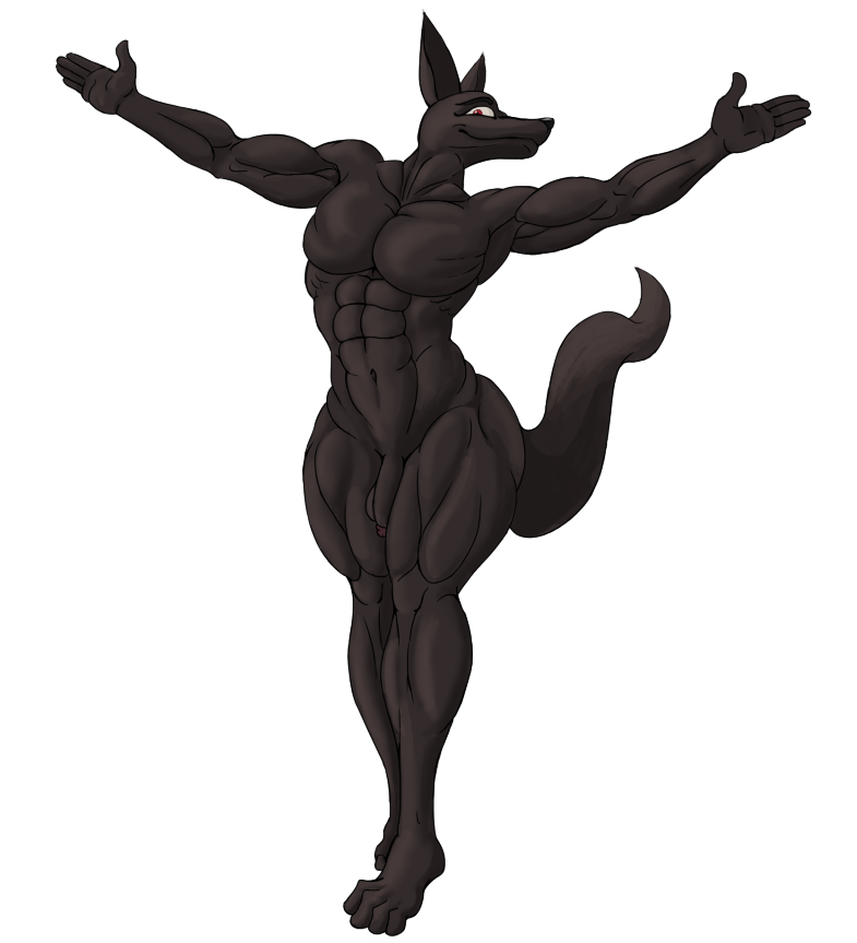 2022 abs anthro balls barely_visible_balls barely_visible_genitalia black_body black_skin canid canine canis circumcised flaccid genitals humanoid_genitalia humanoid_penis jackal licker69666 looking_at_viewer male mammal muscular muscular_anthro muscular_male nude penis red_eyes solo