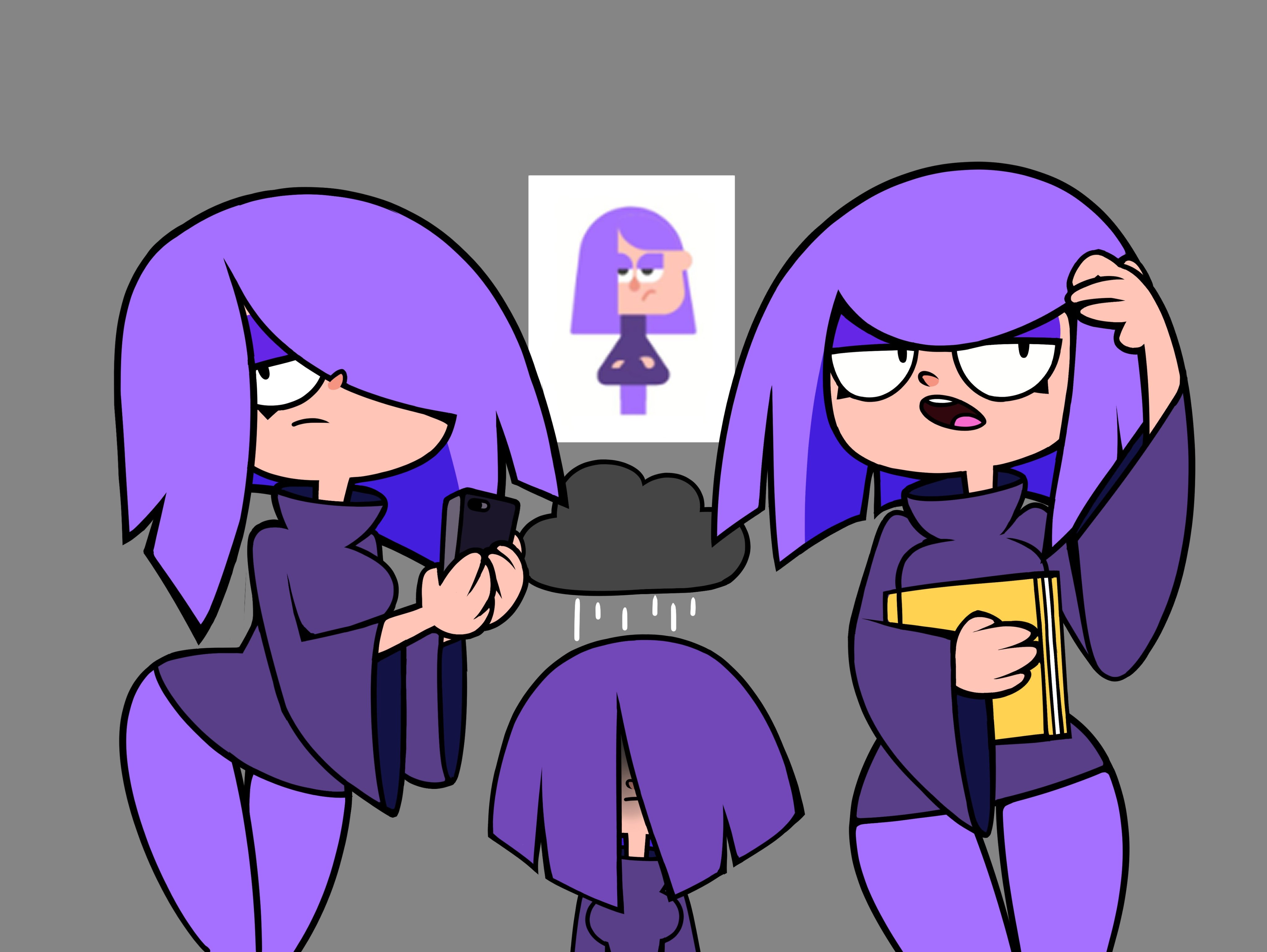 black eyes, duolingo, female, light skin, light-skinned female, lily (duolingo), metuloser404, purple eyeshadow, purple hair, purple pants, purple sweater