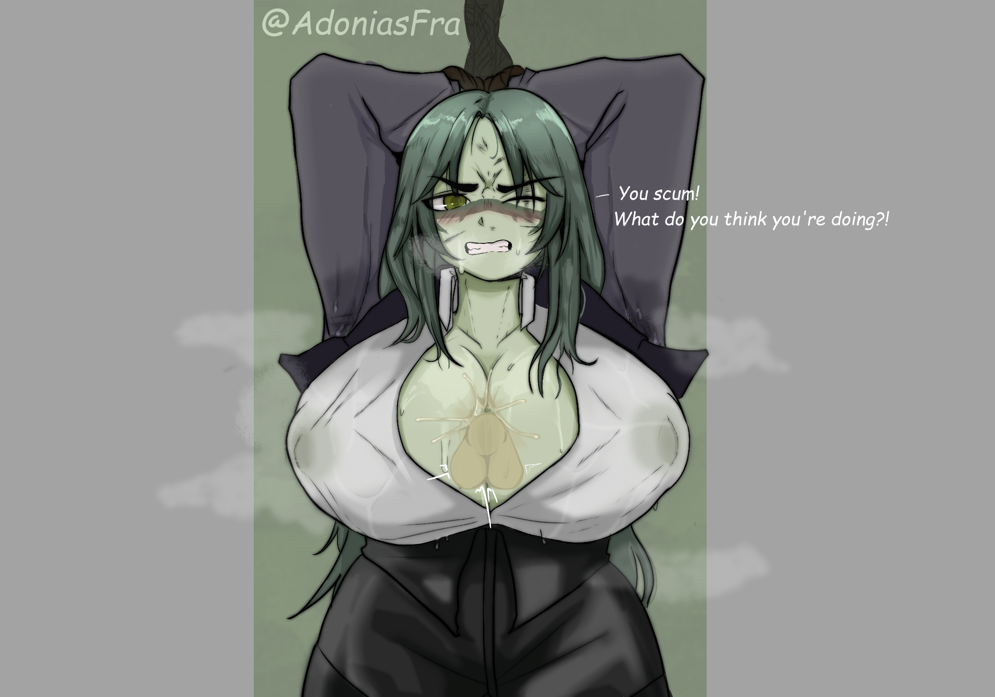 1boy, 1girls, adoniasfra, angry face, big breasts, breasts, celtor (deepwoken), cum on breasts, deepwoken, dialogue, disembodied penis, duke ishamon erisia (deepwoken), english text, female, forced paizuri, green eyes, green hair, green skin, male, paizuri, penis, rape, roblox, roblox game, rule 63, self upload, tagme, twitter username