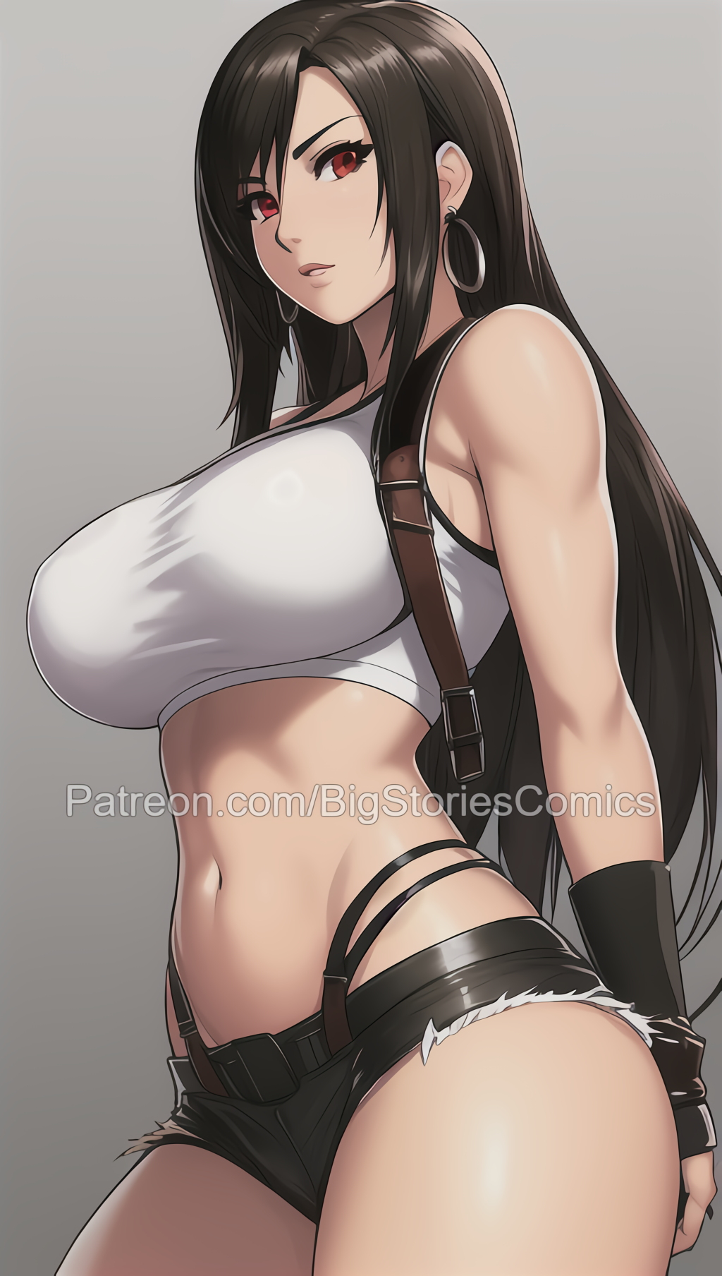 1girls, ai generated, arms behind back, artist name, big breasts, breasts, brown hair, busty, female, female only, final fantasy, final fantasy vii, hi res, legs, long hair, looking at viewer, midriff, navel, red eyes, shorts, smile, solo, square enix, suspenders, thighs, tifa lockhart, toned, voluptuous, watermark