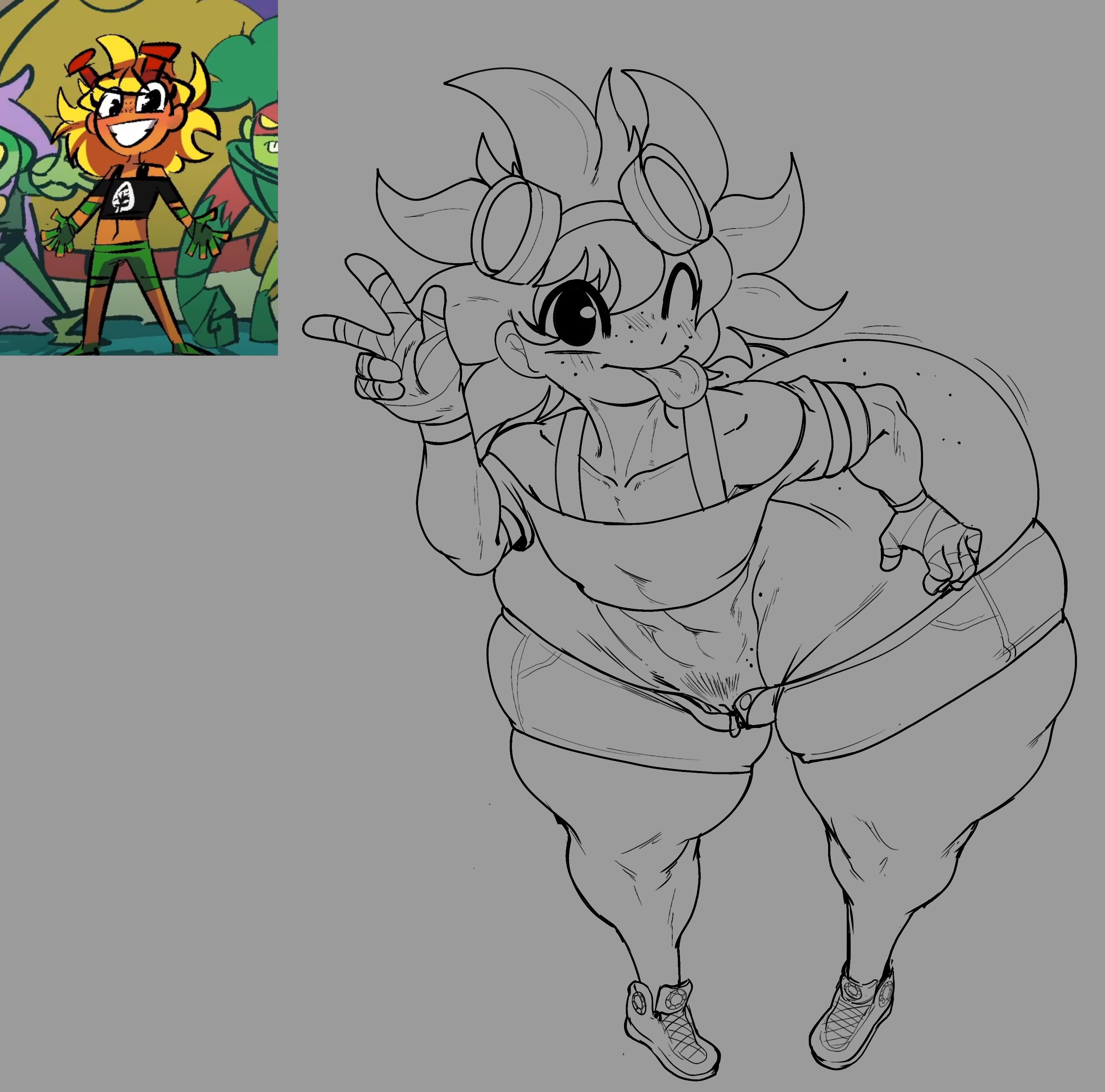ass, big ass, black and white, female, female focus, female only, freckles on ass, goggles, goggles on head, humanized, plants vs zombies, plants vs zombies: heroes, popcap games, pussy, redmoon83, reference image, solar flare (peargor), solar flare (pvz), sunflower (pvz), thick thighs, thighs, tomboy, wide hips, wink