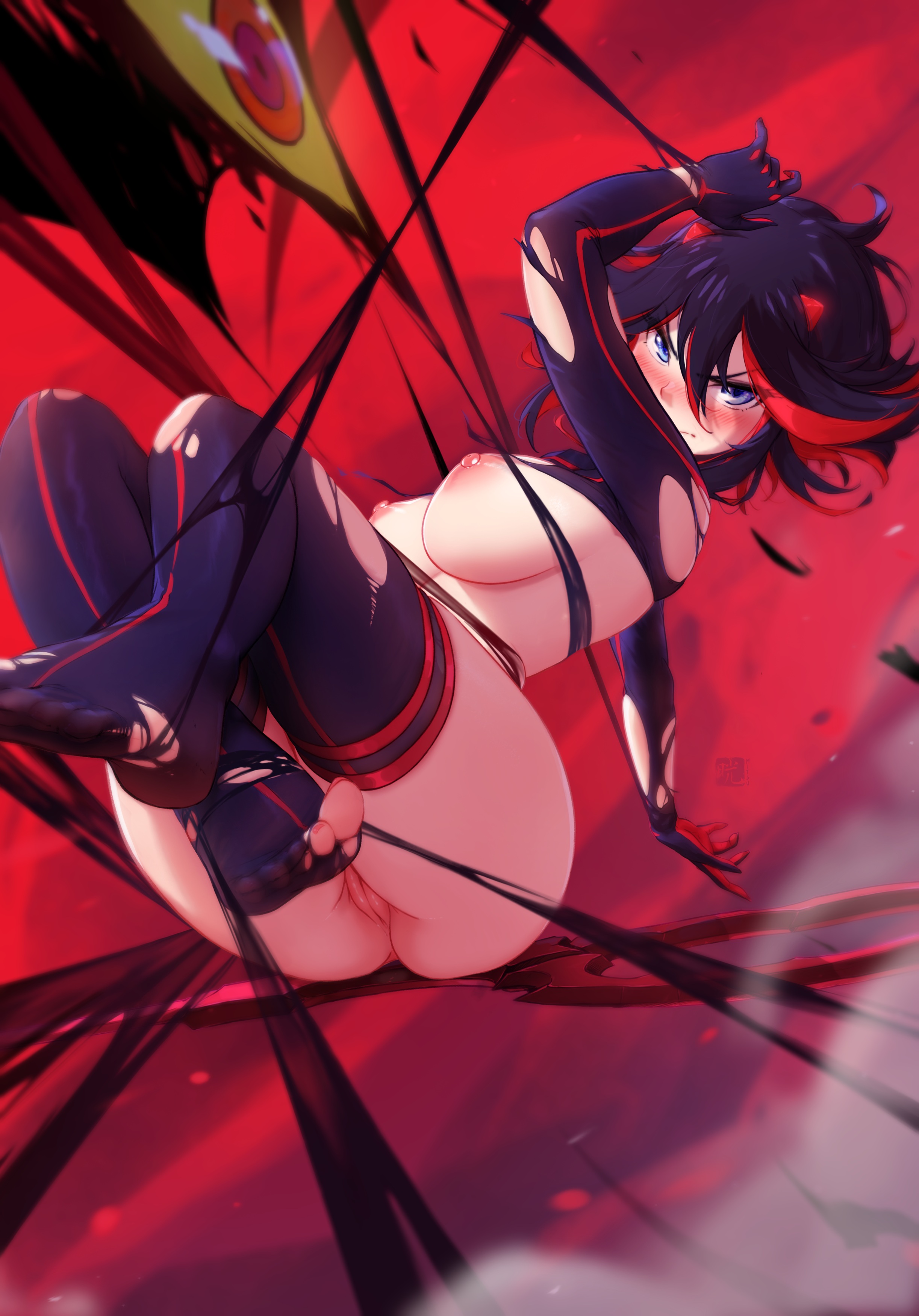 1girls, 2022, absurd res, artist logo, ass, bangs, black gloves, black hair, black-haired female, blue eyes, blush, breasts, elbow gloves, feet, female, gloves, hair between eyes, kill la kill, large breasts, looking at viewer, matoi ryuuko, mitsu art, multicolored hair, nipples, pussy, red hair, restrained, ripped clothing, senketsu, soles, solo, streaked hair, teeth, thick thighs, thighhighs, toes, torn clothes, vagina