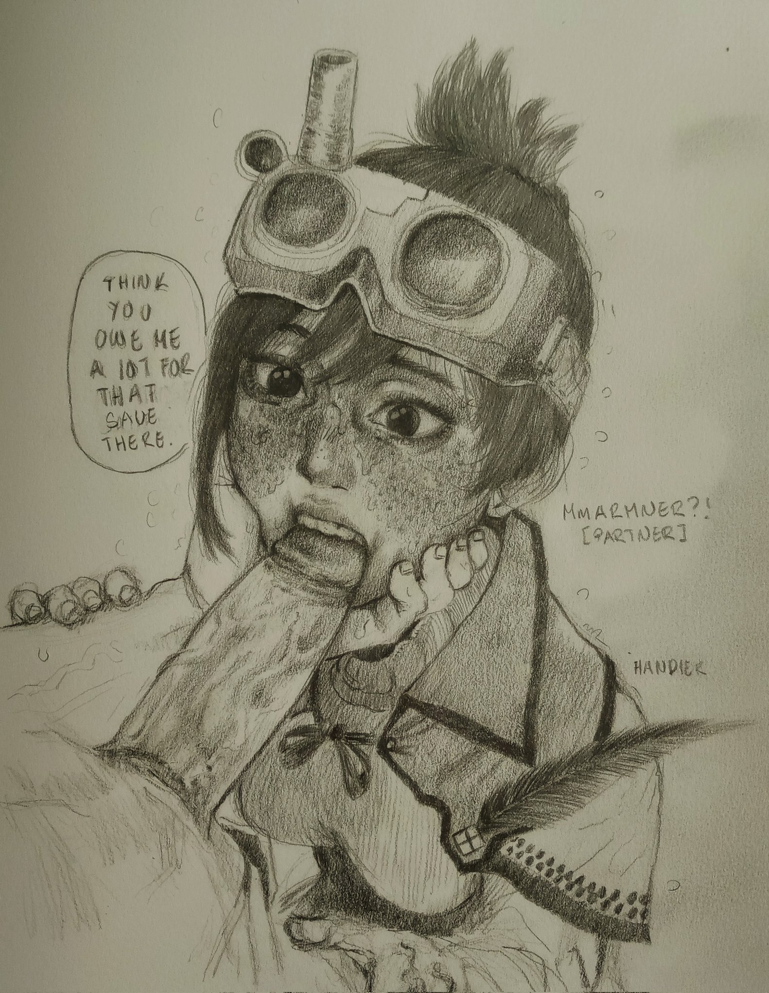 1boy, 1girls, blush, clothed, fellatio, female, freckles, goggles on head, grabbing face, gritty hotdog (artist), handler (monster hunter world), imminent deepthroat, looking at penis, male, monster hunter world, penis, short hair, sweat, text, text bubble, traditional media (artwork)
