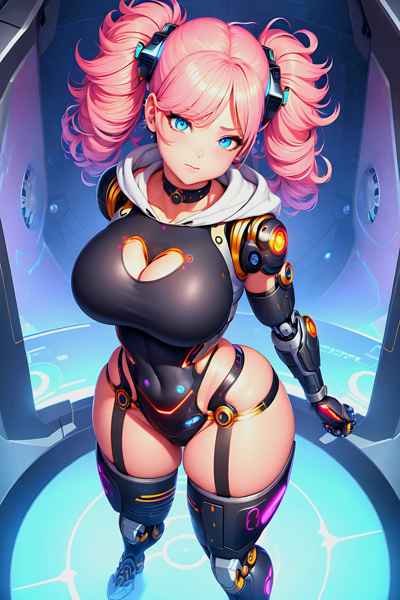 1girls, 2023, ai generated, big breasts, breasts, curvaceous, curvy body, curvy female, female, female focus, female only, hi res, highres, looking at viewer, pink hair, robot arm, robot humanoid, stable diffusion, voluptuous female