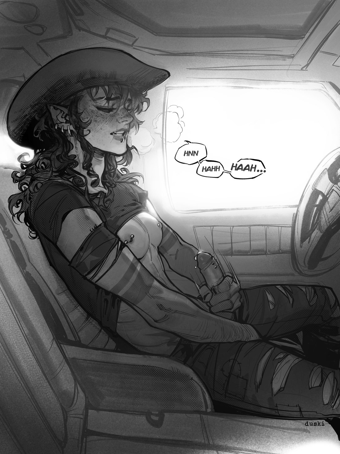 black and white, car, clothed, cowboy hat, duskyhallows, elf, futanari, in car, intersex, masturbation, nipple piercing, nipples, pierced genitals, piercing, pulled up shirt
