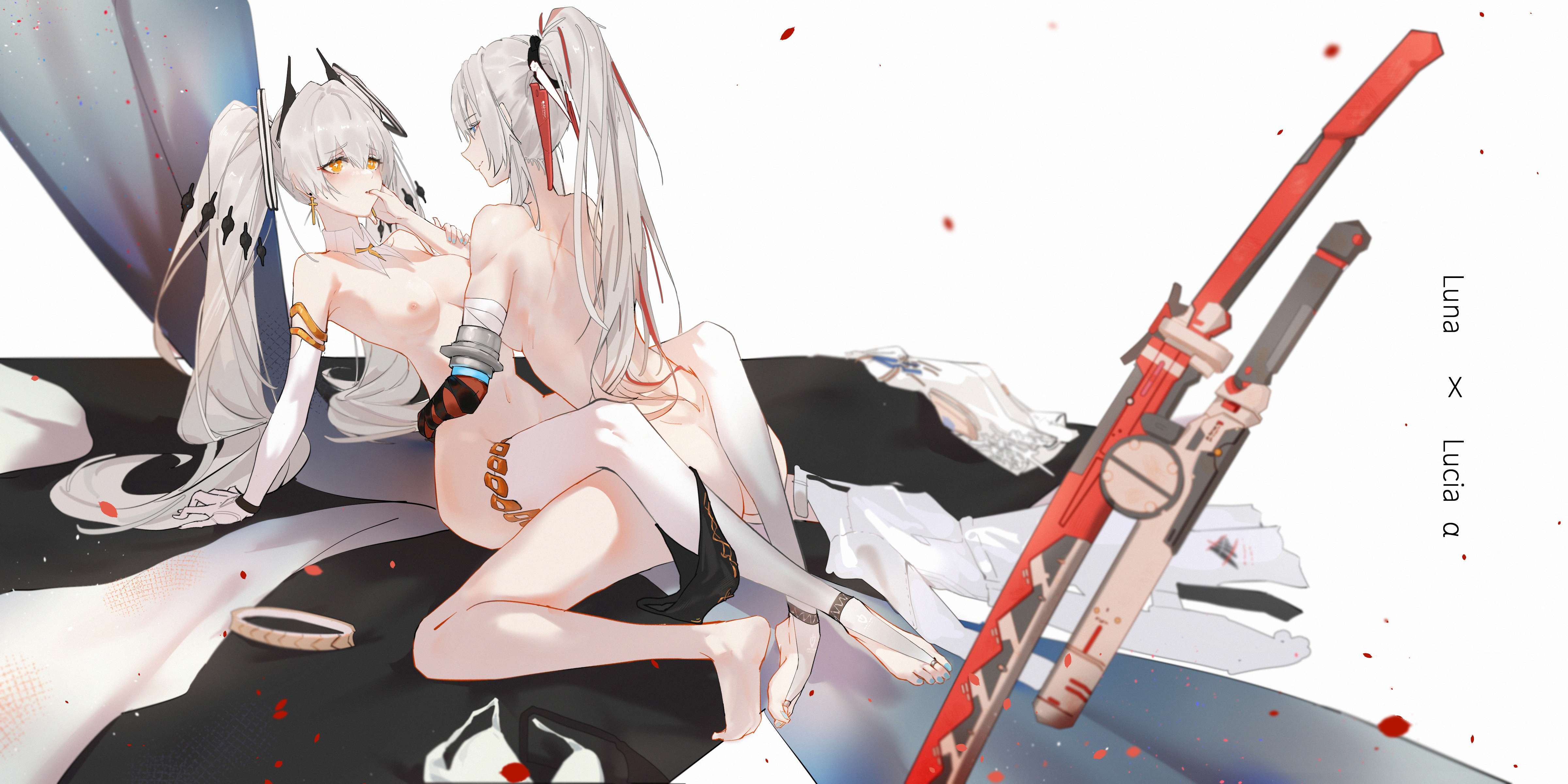 2girls, blush, breasts, completely nude, feet, female, female only, finger in another's mouth, finger in mouth, full body, gloves, hair ornament, incest, legs around partner, lucia (punishing: gray raven), lucia: crimson weave (punishing: gray raven), luna (punishing: gray raven), nude, nude female, panties down, ponytail, punishing: gray raven, red hair, robot girl, scar, siblings, sisters, symbol-shaped pupils, thighhighs, toes, twintails, two-tone hair, undressing, waist grab, white hair, yellow eyes, yuri