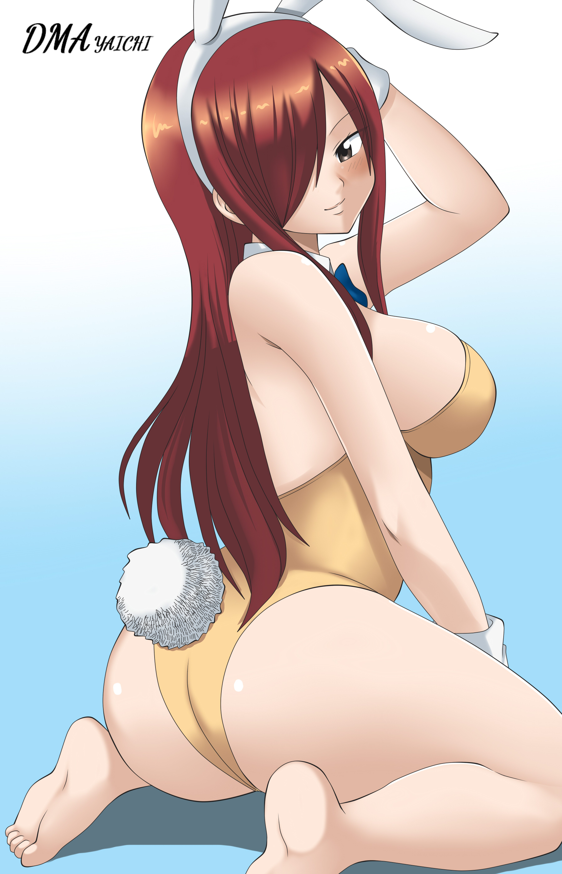 1girls, ass, ass focus, breasts, bunny costume, bunny ears, bunny girl, bunny tail, bunnysuit, dmayaichi, erza scarlet, fairy tail, female, long hair, red hair, red-haired female, seductive eyes, seductive look, seductive pose, seductive smile