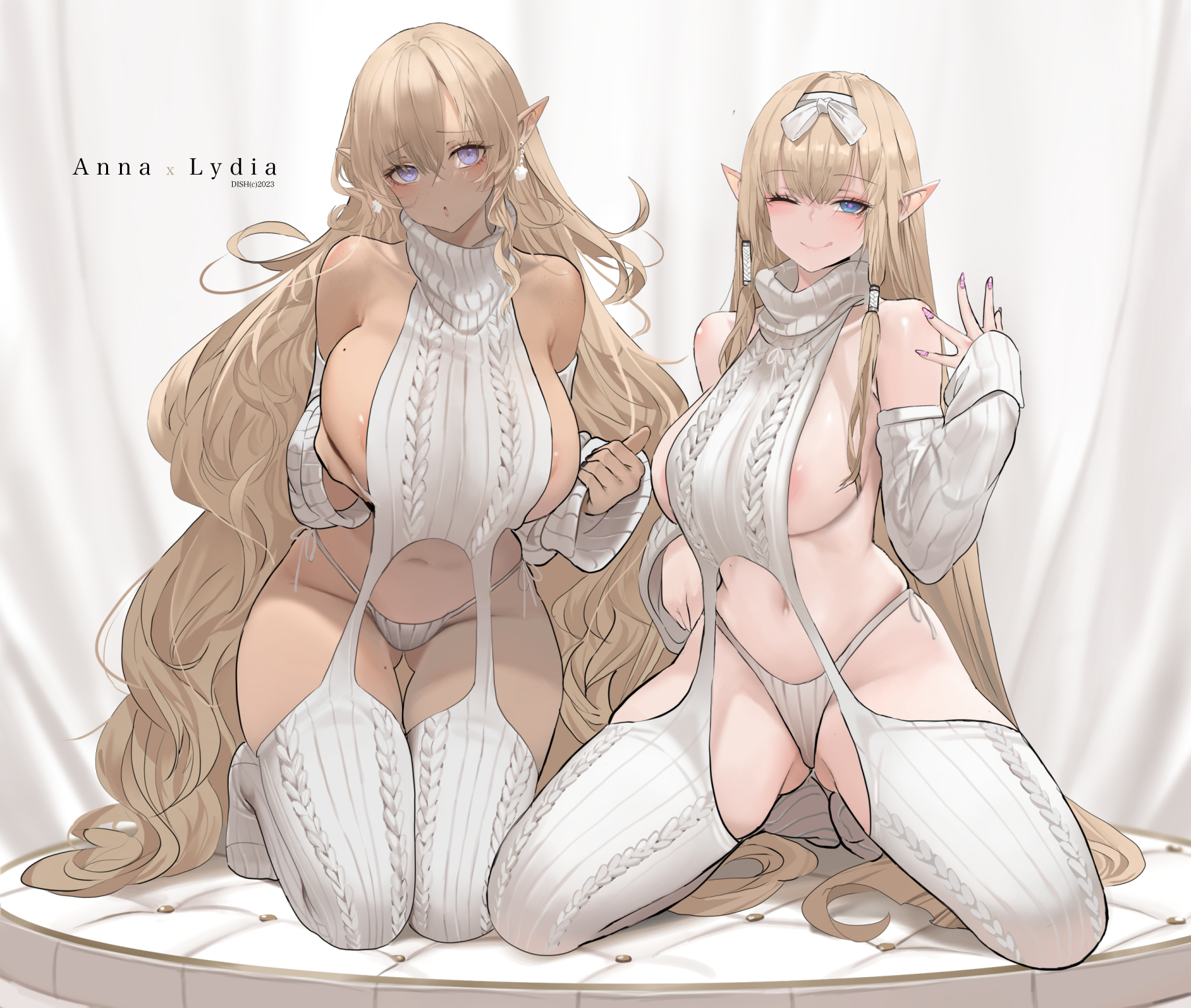 2girls, blonde hair, blue eyes, brown skin, chocolate and vanilla, dark skin, dark-skinned female, detached sleeves, dishwasher1910, ear piercing, elf, elf ears, elf female, female, light skin, light-skinned female, long ears, original, original character, pointy ears, revealing clothes, ribbon, ribbon in hair, skindentation, smile, sweater, thick thighs, thighhighs, tight clothing, tight fit, virgin destroyer sweater, virgin killer sweater, white ribbon, wide hips