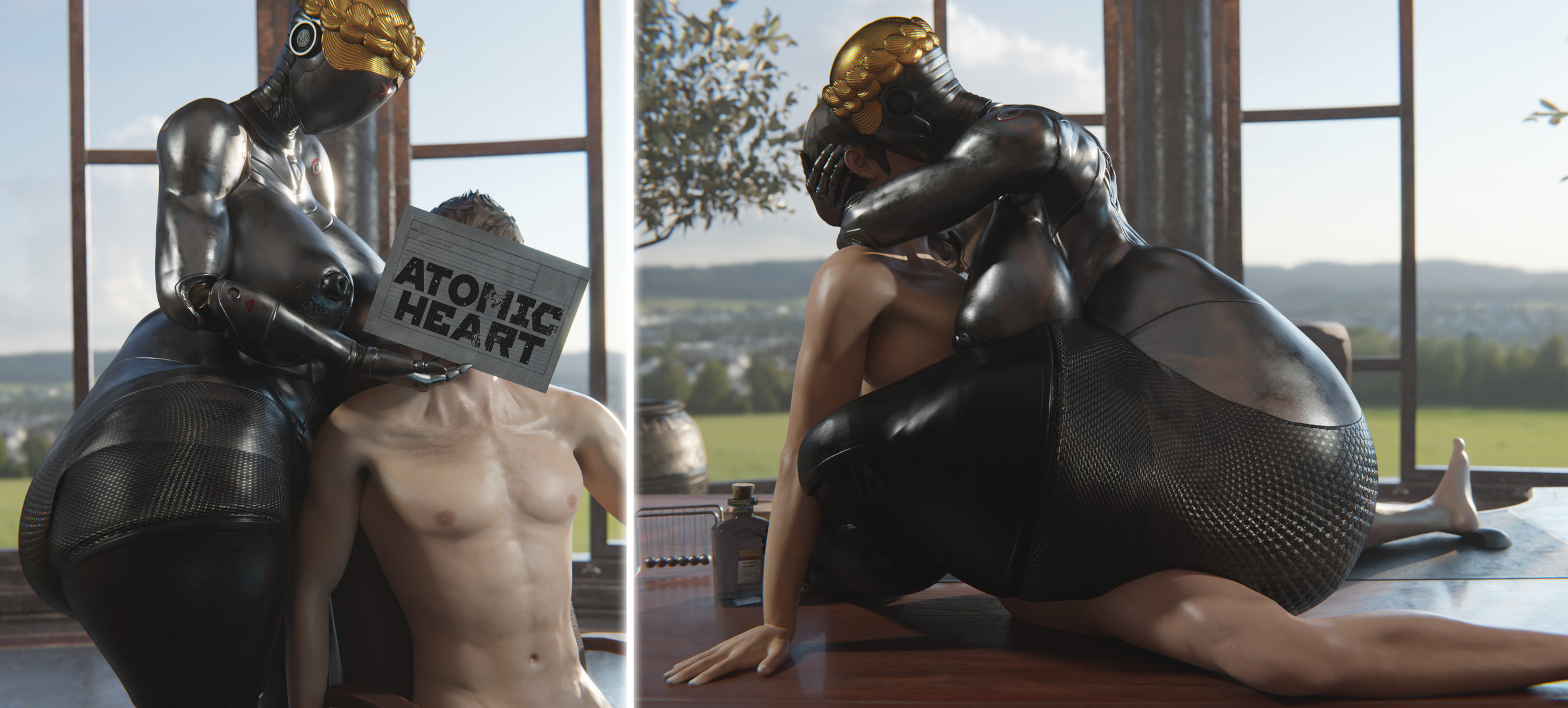 3d, ass, atomic heart, bbw, big ass, big breasts, big butt, blender, breasts, cowgirl position, faceless female, female, giant ass, gretdb, hugging, male, obese, robot girl, robot humanoid, silver skin, table lotus position, tagme, taller female, the twins (atomic heart), thick ass, thick thighs, thighhighs, unseen male face
