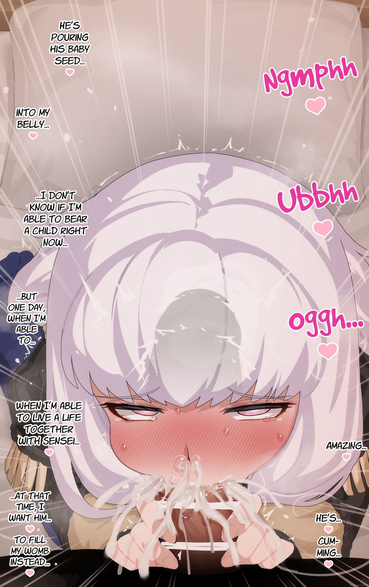1boy, 1girls, absurdres, age difference, bangs, bar censor, blue legwear, blush, byleth (fire emblem), byleth (fire emblem) (male), censored, cum, cum bubble, cum in mouth, cum out nose, deepthroat, ejaculation, english text, fellatio, female, female focus, fingernails, fire emblem, fire emblem: three houses, garreg mach monastery uniform, heart, heart in eye, heart-shaped pupils, highres, kneeling, long hair, long sleeves, lysithea von ordelia, male, male pov, mizumizuni, nintendo, noblewoman, older male and younger female, oral, pantyhose, penis, pink eyes, pov, pov crotch, rolling eyes, snot, straight, symbol in eye, symbol-shaped pupils, teacher and student, tears, teenage female, teenager, text, white hair