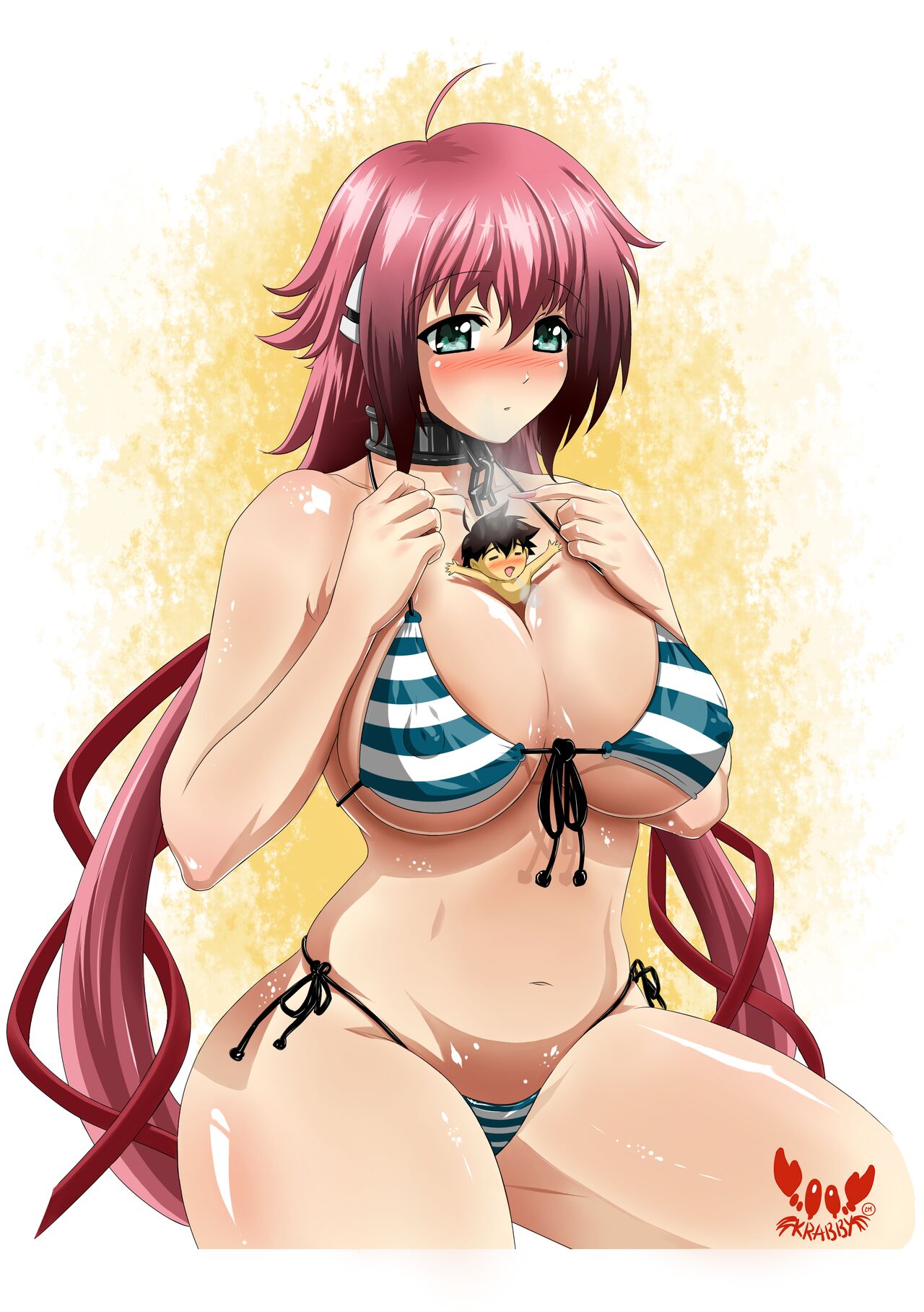 1girls between_breasts big_breasts breasts collar giantess green_eyes ikaros krabby_(artist) large_breasts long_hair nipples pink_hair sakurai_tomoki solo sora_no_otoshimono