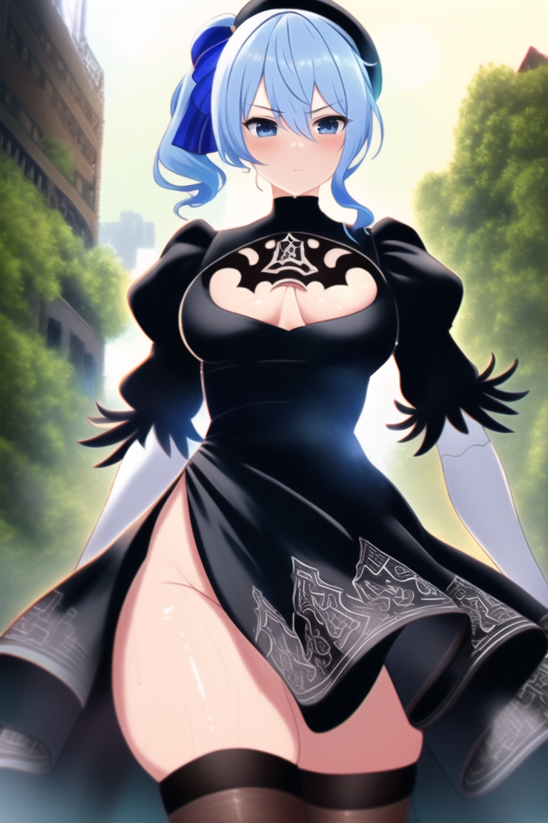 1girls ai_generated bangs blue_eyes blue_hair blush breasts cleavage cosplay crossover elbow_gloves hat hips hololive hoshimachi_suisei juliet_sleeves looking_at_viewer medium_breasts mogumachine nai_diffusion nier:_automata solo stable_diffusion thick_thighs thighhighs thighs virtual_youtuber wide_hips yorha_2b_(cosplay)