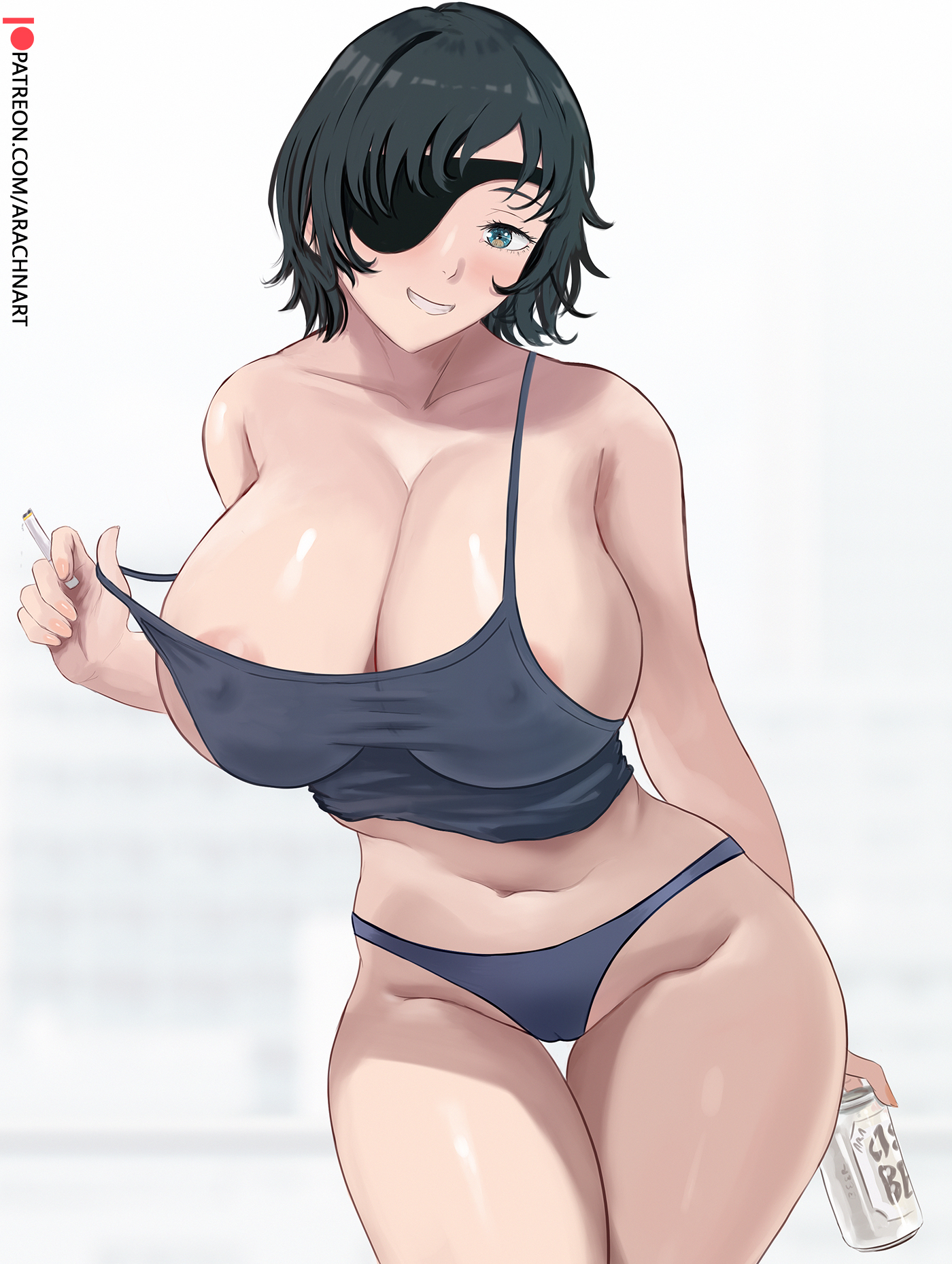 1girls, alternate version available, arachnart, areola slip, areolae, beer, black hair, black-haired female, breasts, chainsaw man, eyepatch, female, grey eyes, himeno (chainsaw man), holding object, huge breasts, light skin, light-skinned female, nipples, panties, short hair, tank top, thick thighs, thighs