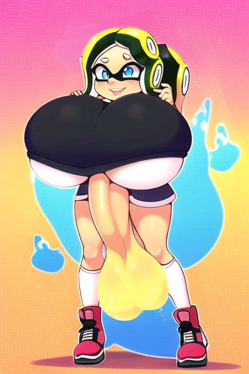 ai_generated autopaizuri black_and_green_hair black_shirt black_shorts blue_eyes fully_clothed futanari hand_on_breast hyper_balls hyper_breasts hyper_penis nai_diffusion novelai penis_in_shirt pullthetriggeryoubitch shoes splatoon standing tagme tentacle_hair