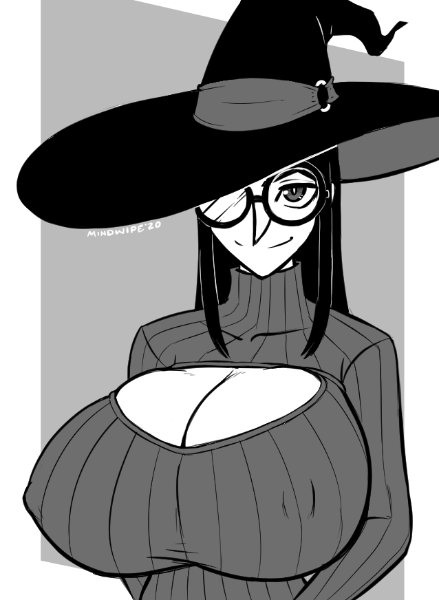 1girls 2d belt big_breasts black_hair book cauldron cleavage cleavage_cutout english_text female glasses keyhole_turtleneck large_breasts long_hair looking_at_viewer mindwipe original_character pillowfortofjunk pointy_nose selene_brae sketch smiling solo squeezing_breast sweater tagme upper_body visible_nipples wide_hips witch witch_hat