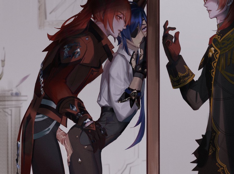 3boys, adoptive siblings, anal sex, artist request, blue hair, diluc (genshin impact), doggy style, gay, genshin impact, incest, kaeya (genshin impact), male, male only, red hair, tan body, yaoi