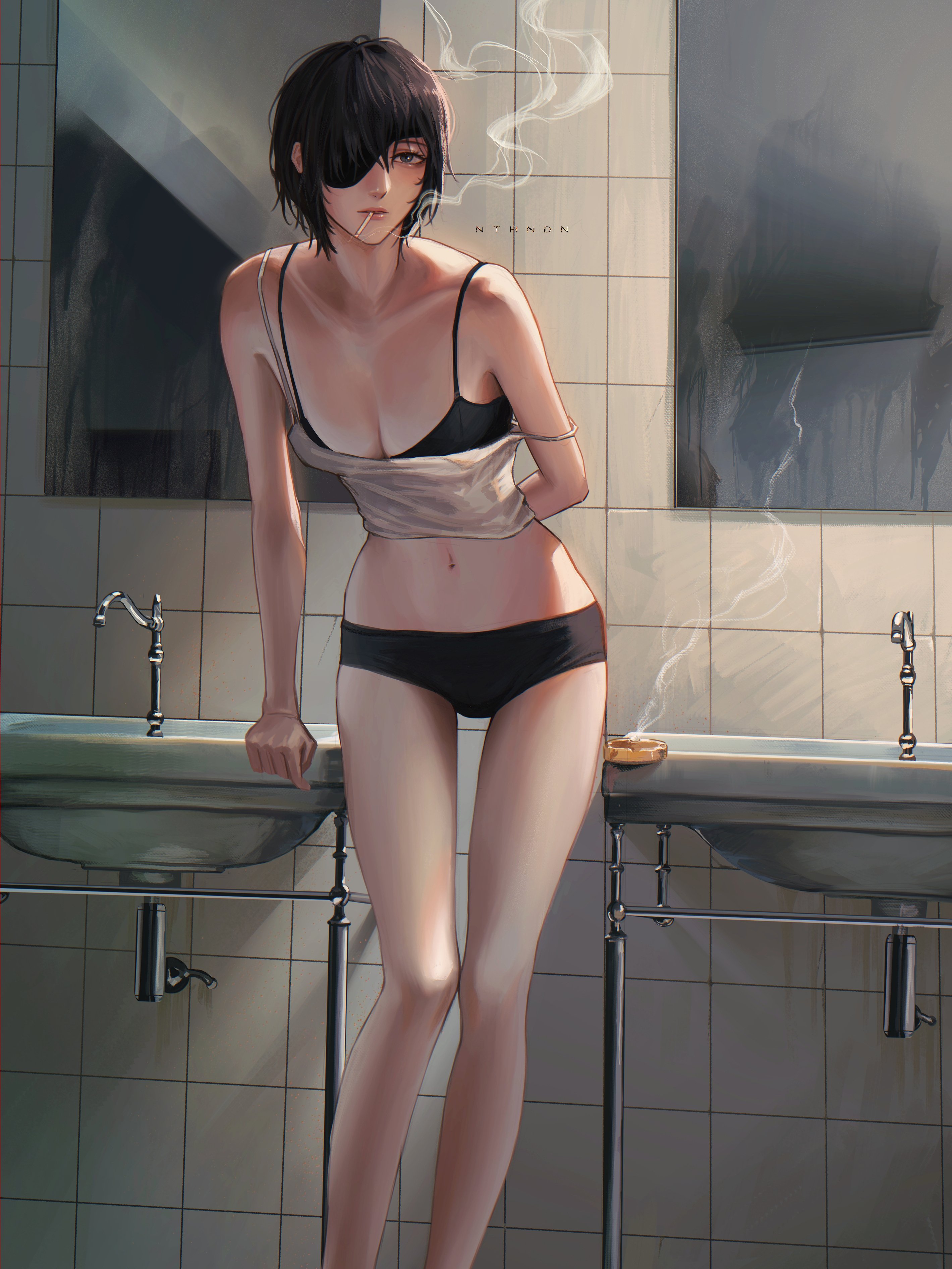 1girls, bathroom, big breasts, breasts, chainsaw man, cigarette, cleavage, dressing, female, female only, himeno (chainsaw man), looking at viewer, mappa, nthndn, smoking, underwear