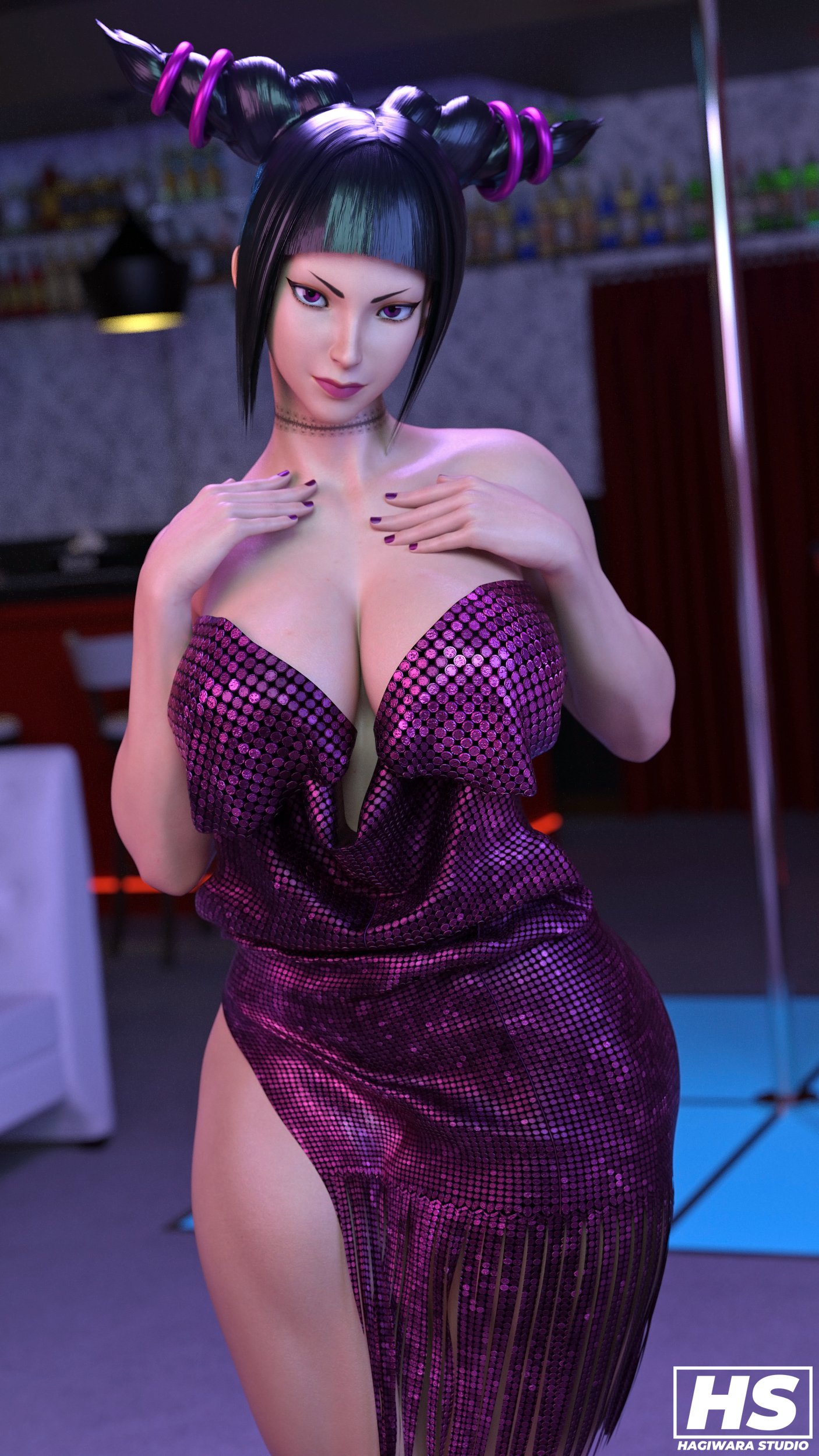 1girls, 3d, ass, big ass, big breasts, breasts, capcom, cleavage, dress, female, female only, hagiwara studio, juri han, solo, street fighter, street fighter v, thick thighs, voluptuous