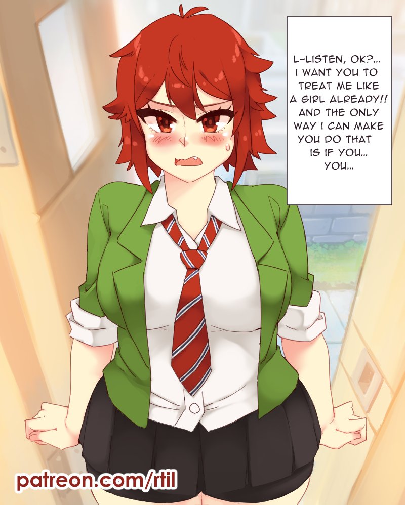 1girls, abs, aizawa tomo, big breasts, blush, breasts, female, female only, fully clothed, kubota junichirou, red eyes, red hair, rtil, short hair, tagme, tomboy, tomo-chan wa onna no ko