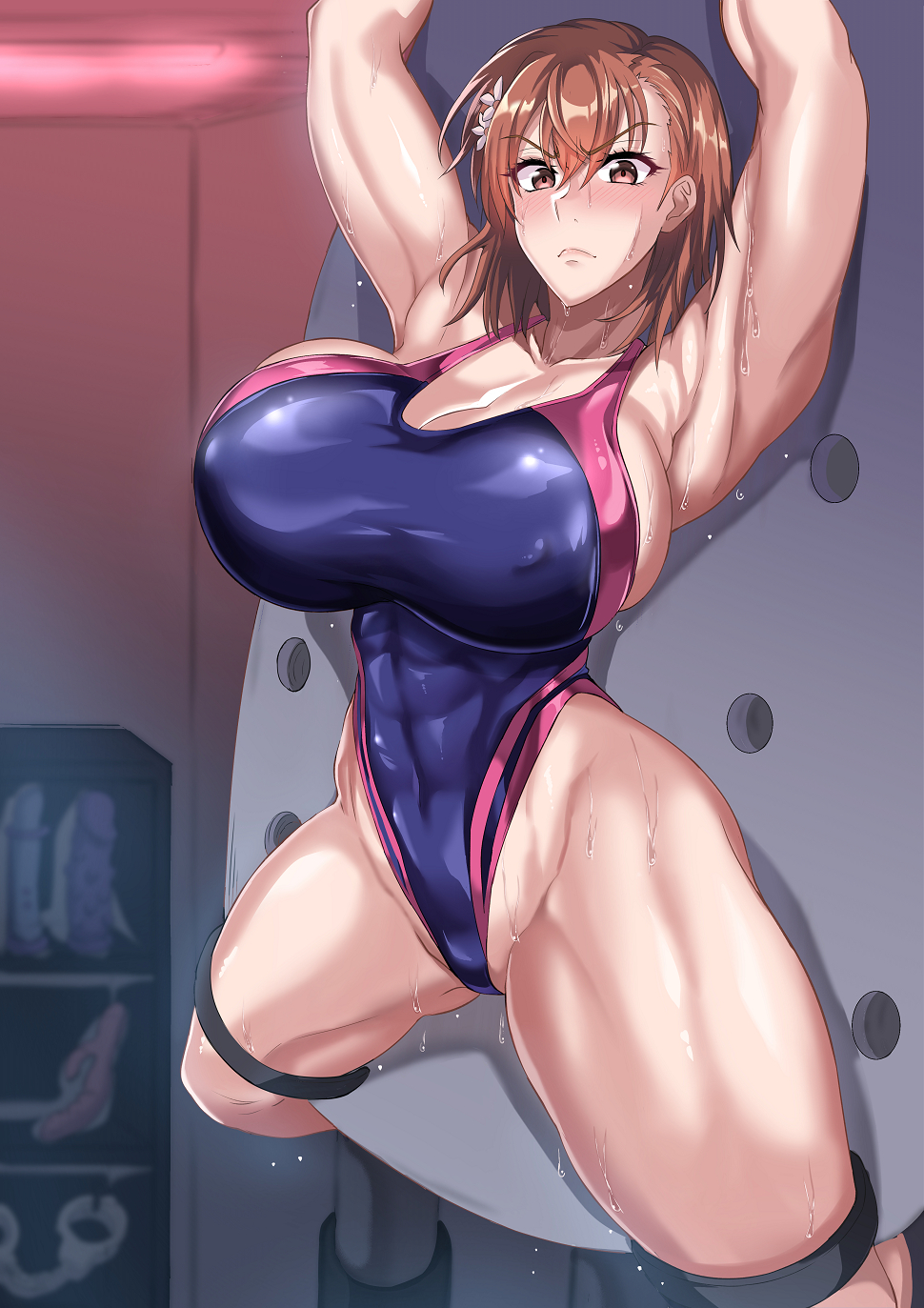 1girls 2023 abs aged_up arms_above_head arms_up big_breasts blush bound bound_legs bound_wrists brown_eyes brown_hair cleavage cleavage_overflow dildo female female_focus female_only hi_res high_resolution highres huge_breasts jet_puri large_breasts leotard massive_breasts misaka_mikoto muscular_thighs nipple_bulge nipples overflowing_breasts short_hair simple_coloring solo solo_female solo_focus strapped swimsuit tagme thick_thighs tight_clothing to_aru_kagaku_no_railgun to_aru_majutsu_no_index