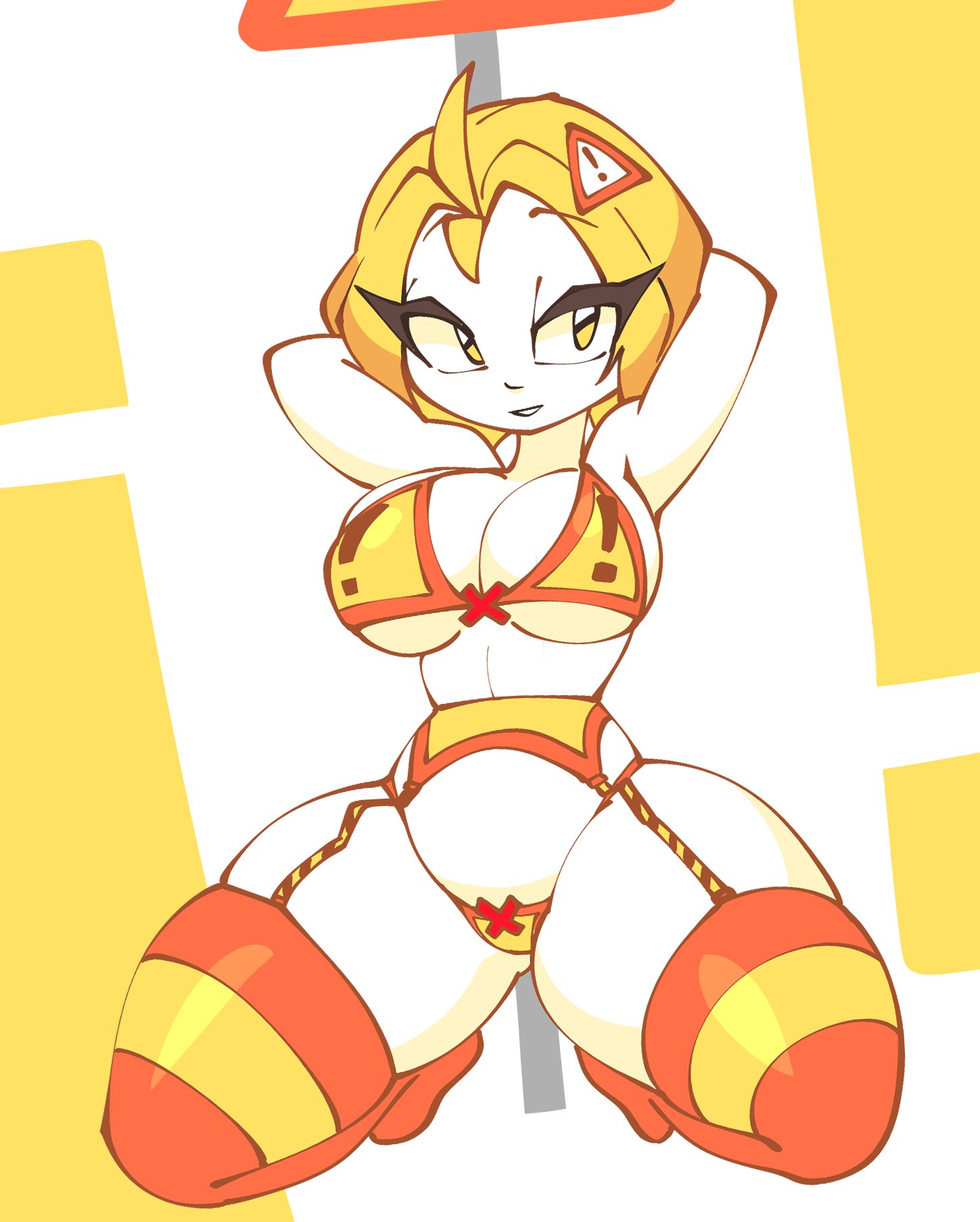 ass visible through thighs, bra, danchan, garter belt, jek korpen, looking at viewer, panties, sign, solo focus, stockings, thick thighs, white skin, yellow hair