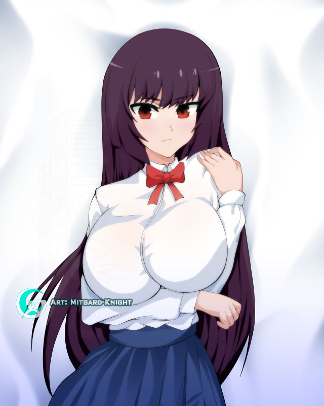 1girls big_breasts bodypillow breasts clothed clothing curvy dakimakura female_focus female_only hi_res long_hair looking_at_viewer mitgard-knight please_don't_bully_me,_nagatoro pose president_(nagatoro) purple_hair red_eyes revealing_clothes sana_sunomiya school_uniform schoolgirl skirt solo top_view watermark wide_hips