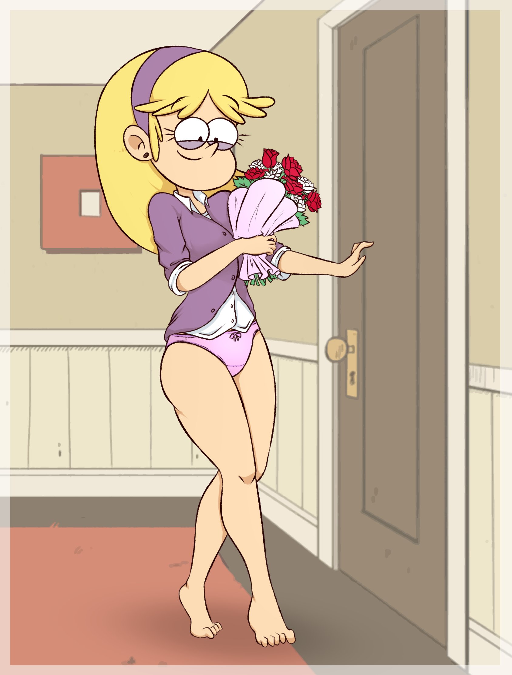 2023, black eyes, blonde hair, bouquet, carol pingrey, drawsoyeah, feet, female, female focus, female only, flowers, hairband, nickelodeon, panties, pantsless, pink panties, solo, the loud house, thighs