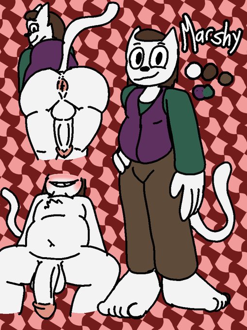 anthro anus ass balls barefoot belly biped bottomwear bulge clothing feet genitals male marshycat pants penis presenting presenting_hindquarters shirt smile solo topwear vest