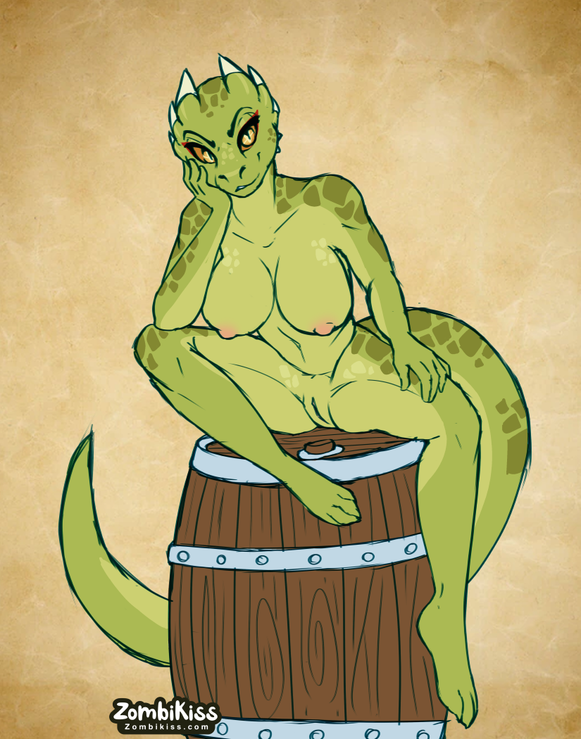 anthro argonian barrel bethesda_softworks breasts female genitals hand_on_leg horn jade_(nutty_butty) pussy red_eyeliner scales scalie sitting solo the_elder_scrolls zombikiss