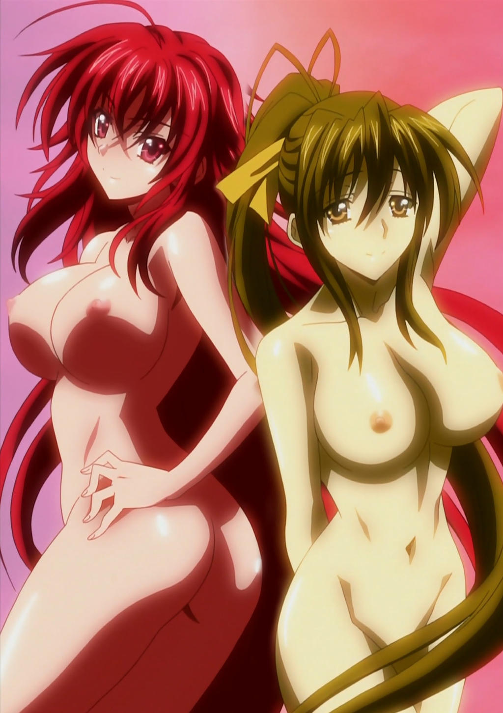 2girls, akeno himejima, demon, demon girl, female, female only, high school dxd, multiple females, multiple girls, naked, red hair, rias gremory, screencap, screenshot, stitched, tnk (company)