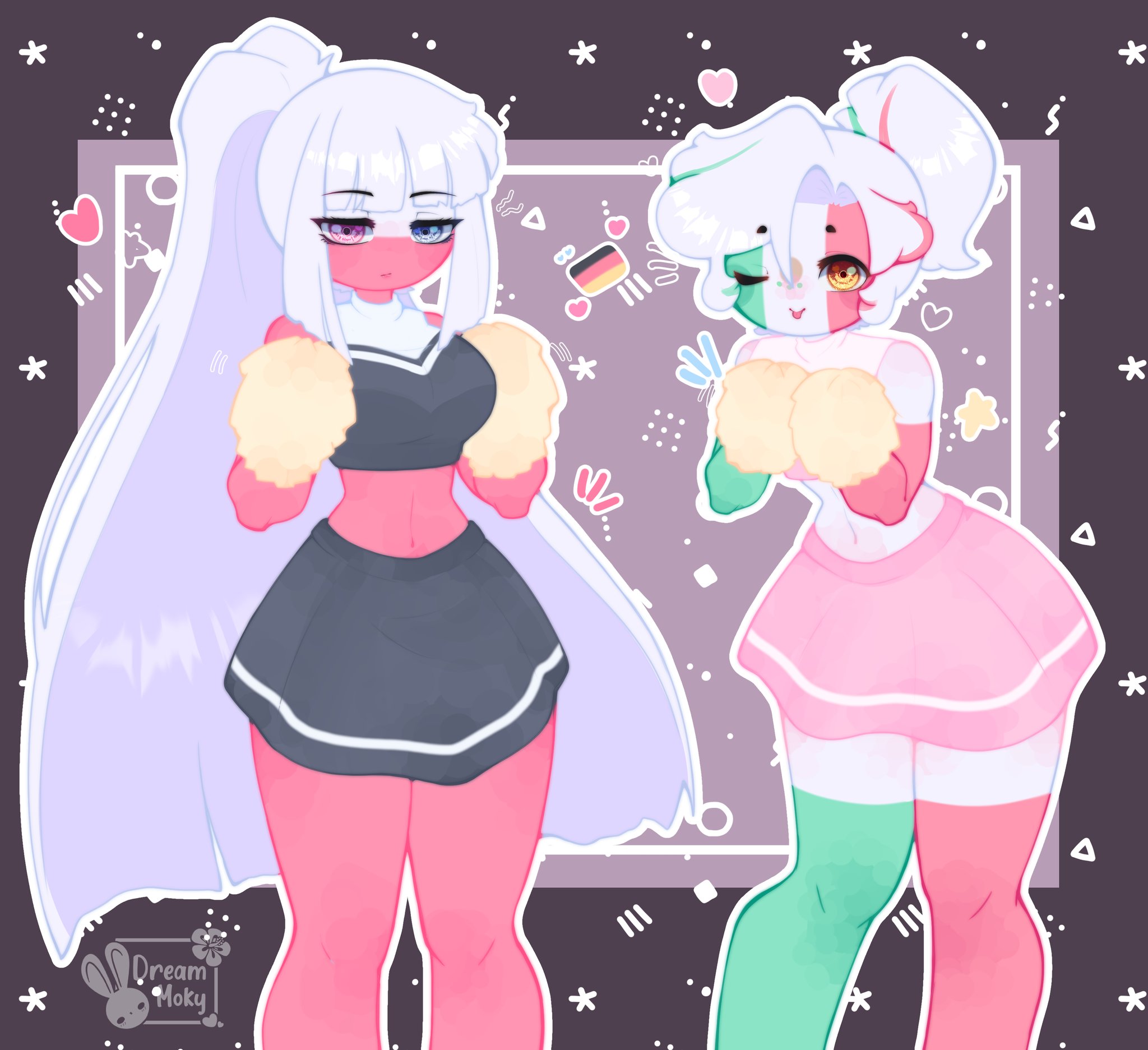 1boy, 1girls, cheerleader, cheerleader uniform, clothing, countryhumans, countryhumans girl, dream moky, female, femboy, male, mexico (countryhumans), poland (countryhumans), very long hair, white hair