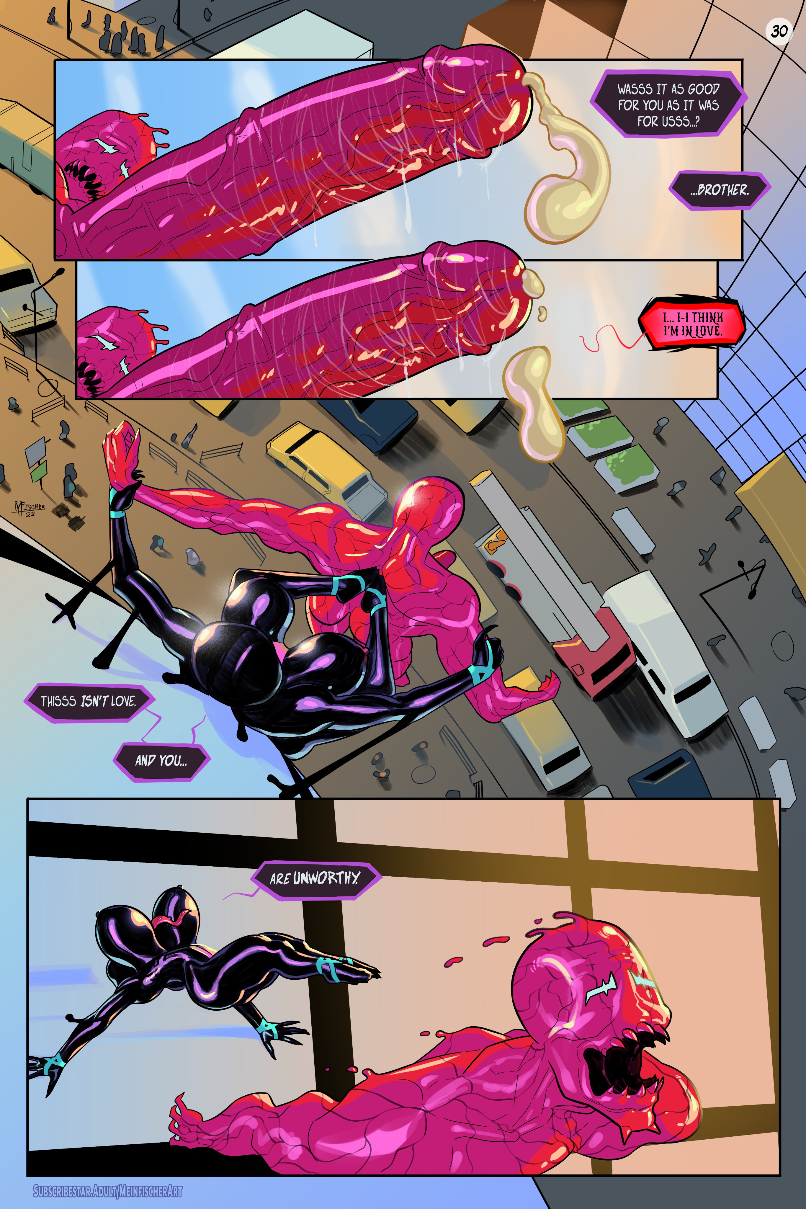 1boy, 1girls, after sex, alien, alien girl, balls, big breasts, big lips no eyes, big penis, black skin, breasts, busty, carnage (marvel), comic, cum, cumshot, dominatrix, english text, erect nipples, female, female domination, femdom, glans, gwen stacy, gwenom, hidden eyes, hourglass figure, large breasts, male, male focus, marvel, marvel comics, meinfischer, nipples, page 30, page number, passed out, penis, red skin, sex, spider-gwen, spider-man (series), symbiote, tagme, testicles, text, venom's kiss (comic), wide hips