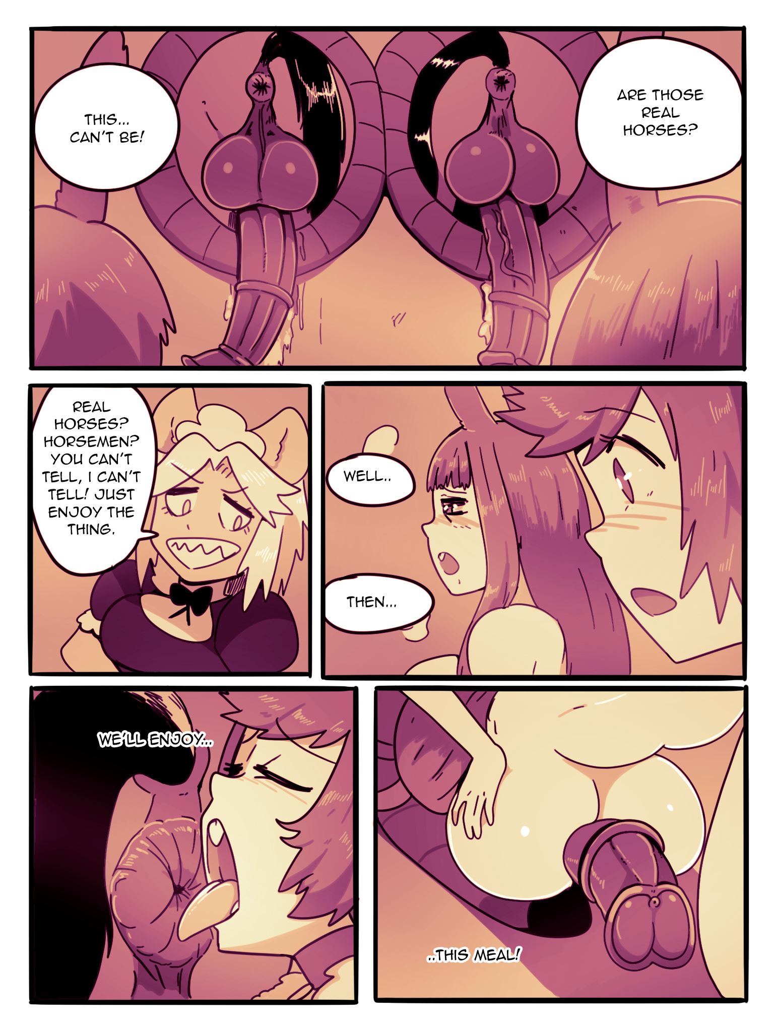 2girls, 3boys, anilingus, animal ears, animal genitalia, animal penis, anus, ass, asshole, below view, big breasts, big penis, bisexual, bisexual male, blush, boobjob, breasts, bunny boy, bunny ears, bunny girl, closed eyes, comic, comic page, dialogue, english text, female, femboy, hasselnut, horse, horse penis, horsecock, humanoid, kemonomimi, maid, maid headdress, maid uniform, male, milf, monochrome, mother, open mouth, paizuri, penis, penis awe, pink hair, purple eyes, sharp teeth, source request, stuck, stuck in wall, text, text bubble, tommy (wolfgang bang), tongue, tongue out, underboob, viewed from below, wolfgang bang, yaoi, zoophilia