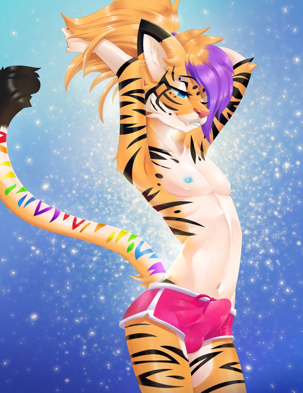 1boy anthro athletic atigernamedcasey belly blue_eyes blue_nipples bottomwear bulge casey_winters caseythetiger clothed clothing digital_media_(artwork) erection felid flat_chested fur girly hi_res highlights_(coloring) just_woke_up male male_only mammal midriff multicolored_tail nipples pantherine ponytail purple_hair rainbow_tail shorts simple_background snaggle_tooth solo sparkittyart stripes tail tenting tiger toned_body toned_stomach tying_hair