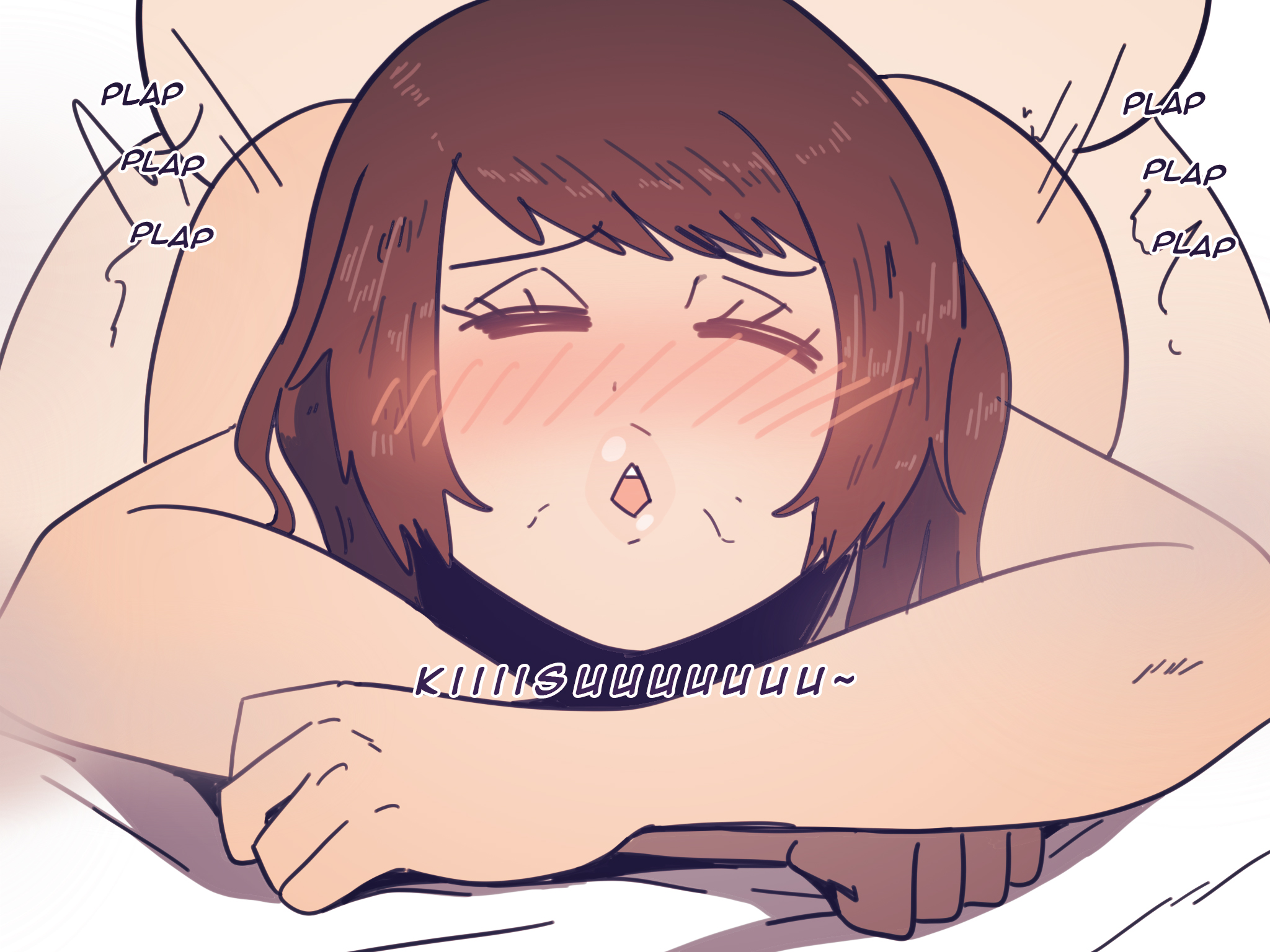 1boy, 1girls, ass, ass up, bed, big penis, blush, brown hair, closed eyes, cuckold, drooling, fat male, female, hasselnut, kissing, light skin, light-skinned male, male, netorare, ntr, open mouth, penis, sex, ugly bastard, wolfgang bang