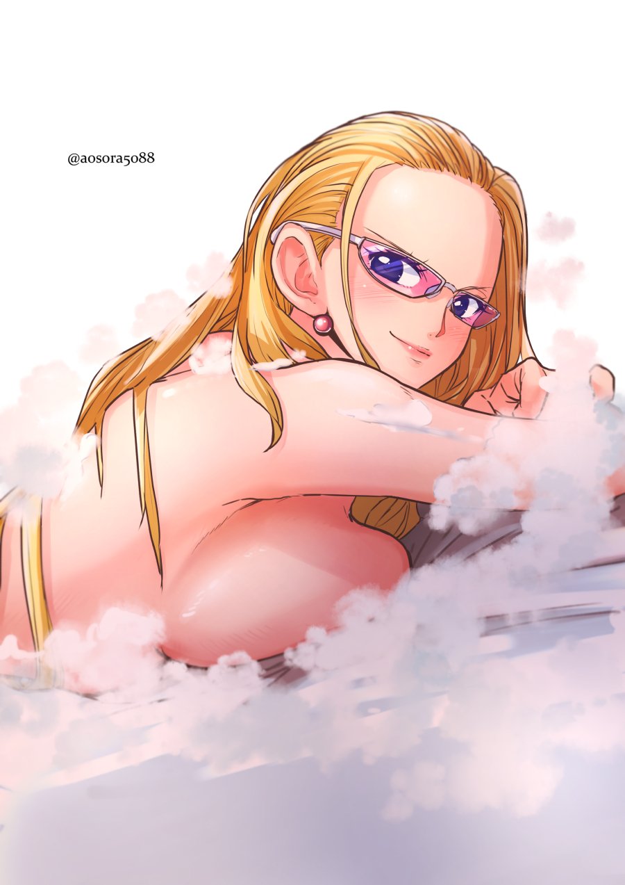 aosora awa_awa_no_mi big_breasts blonde_hair canonical_scene female female_only glasses kalifa one_eye_closed one_piece soap tagme white_background