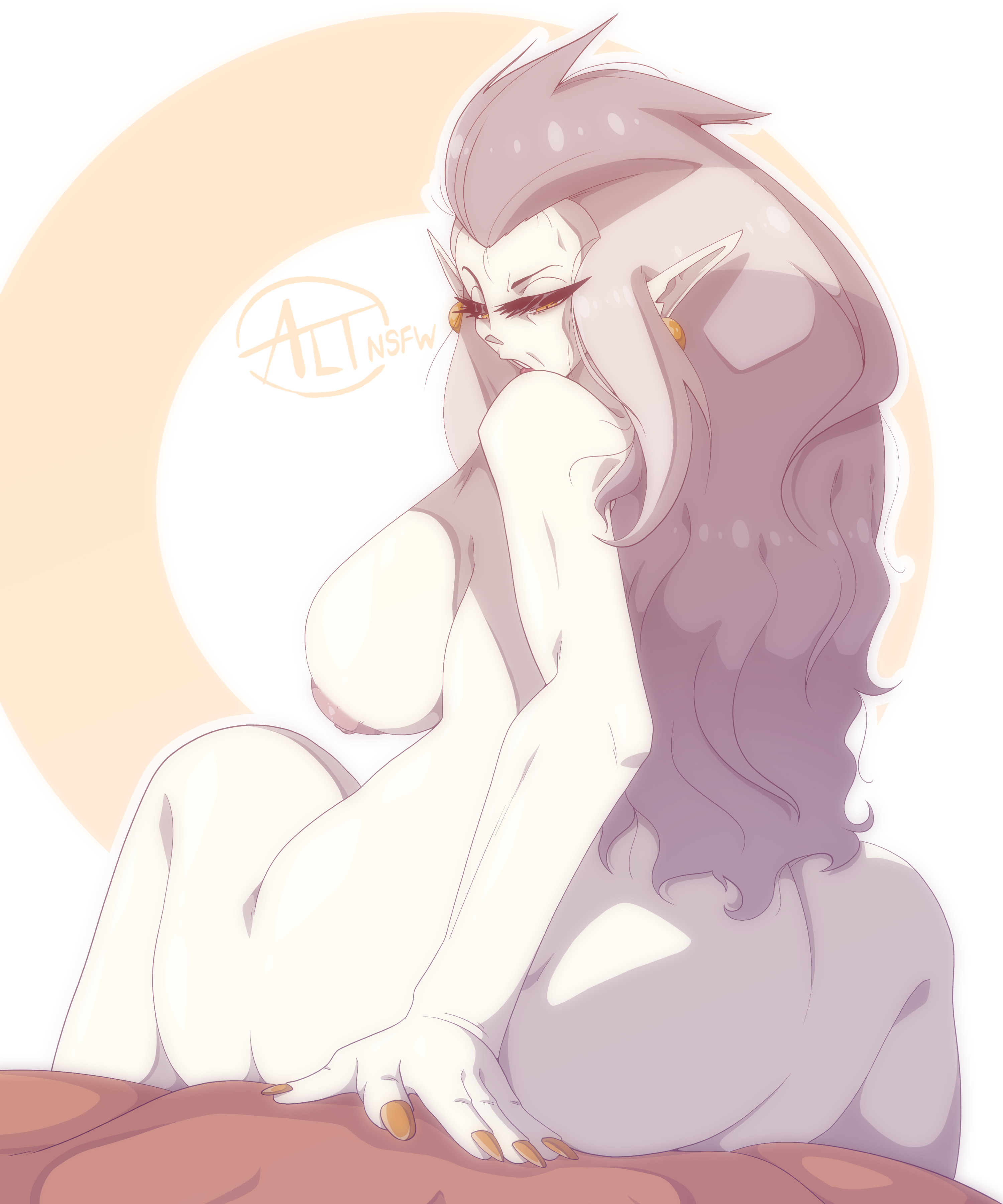 1boy, 1girls, altnsfw, ass, big ass, big breasts, big butt, breasts, disney, disney channel, eda clawthorne, elf ears, eyelashes, female, female focus, grey hair, light skin, light-skinned female, lipstick, long hair, long nails, male, milf, pale skin, pale-skinned female, penetration, sideboob, straight hair, the owl house, white skin, yellow eyes