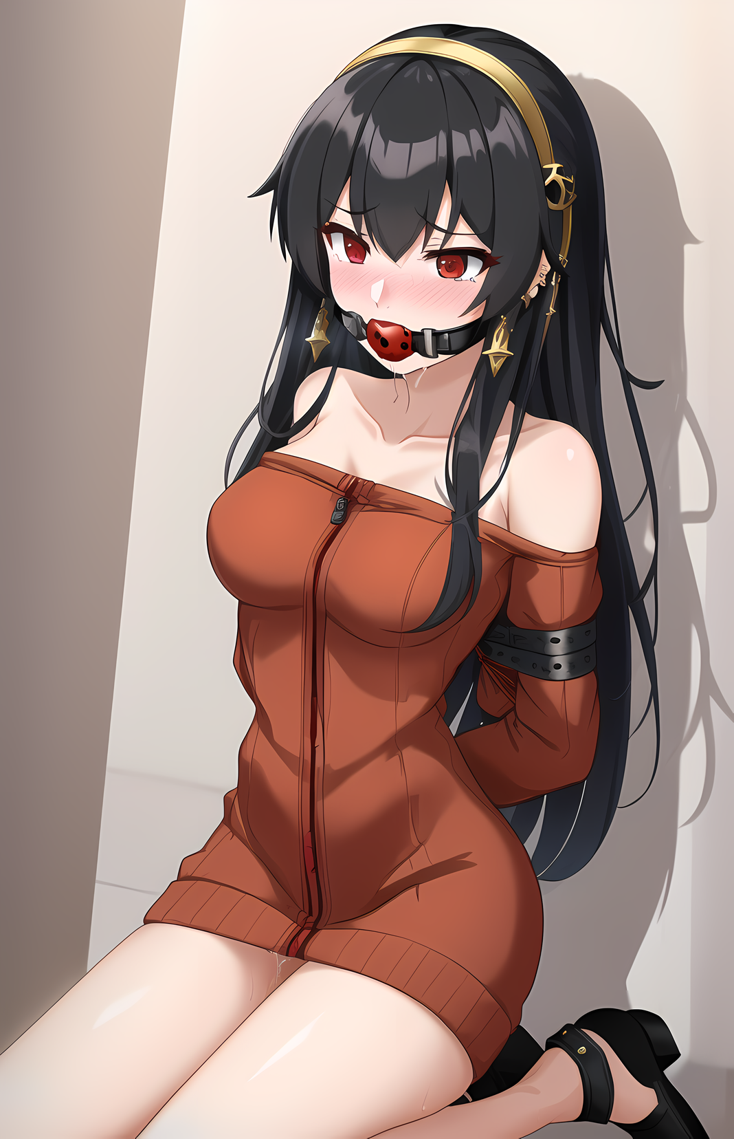 ai generated, arms behind back, ball gag, bangs, bare legs, bare shoulders, black footwear, black hair, blush, bondage, bound, bound arms, breasts, cleavage, collarbone, dress, drooling, earrings, female, footwear, full body, gag, gagged, gold earrings, hair between eyes, hairband, heels, high heels, jewelry, kneeling, long hair, long sleeves, medium breasts, off shoulder, off-shoulder sweater, red eyes, red sweater, restrained, rope, saliva, shadow, shoes, sidelocks, sitting, solo, spy x family, stable diffusion, sweater, sweater dress, tears, thighs, yor briar, yor forger, zipper