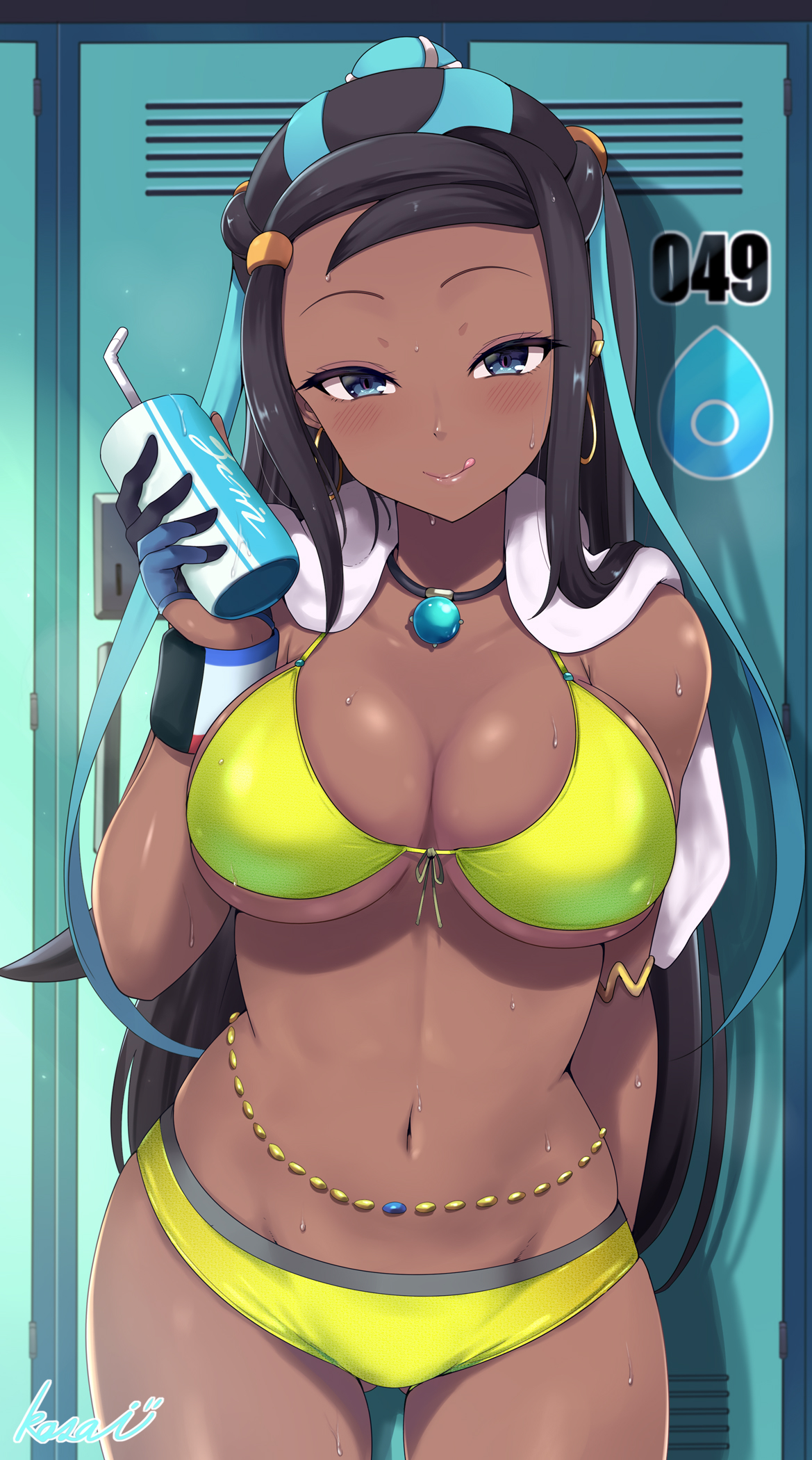 1girls, bikini, black hair, blue eyes, breasts, brown skin, cleavage, dark skin, dark-skinned female, female, human, indoors, jpeg, kasai shin, large breasts, locker room, long hair, looking at viewer, naughty face, nessa (pokemon), nintendo, pokemon, pokemon ss, slim waist, suggestive look, thick thighs